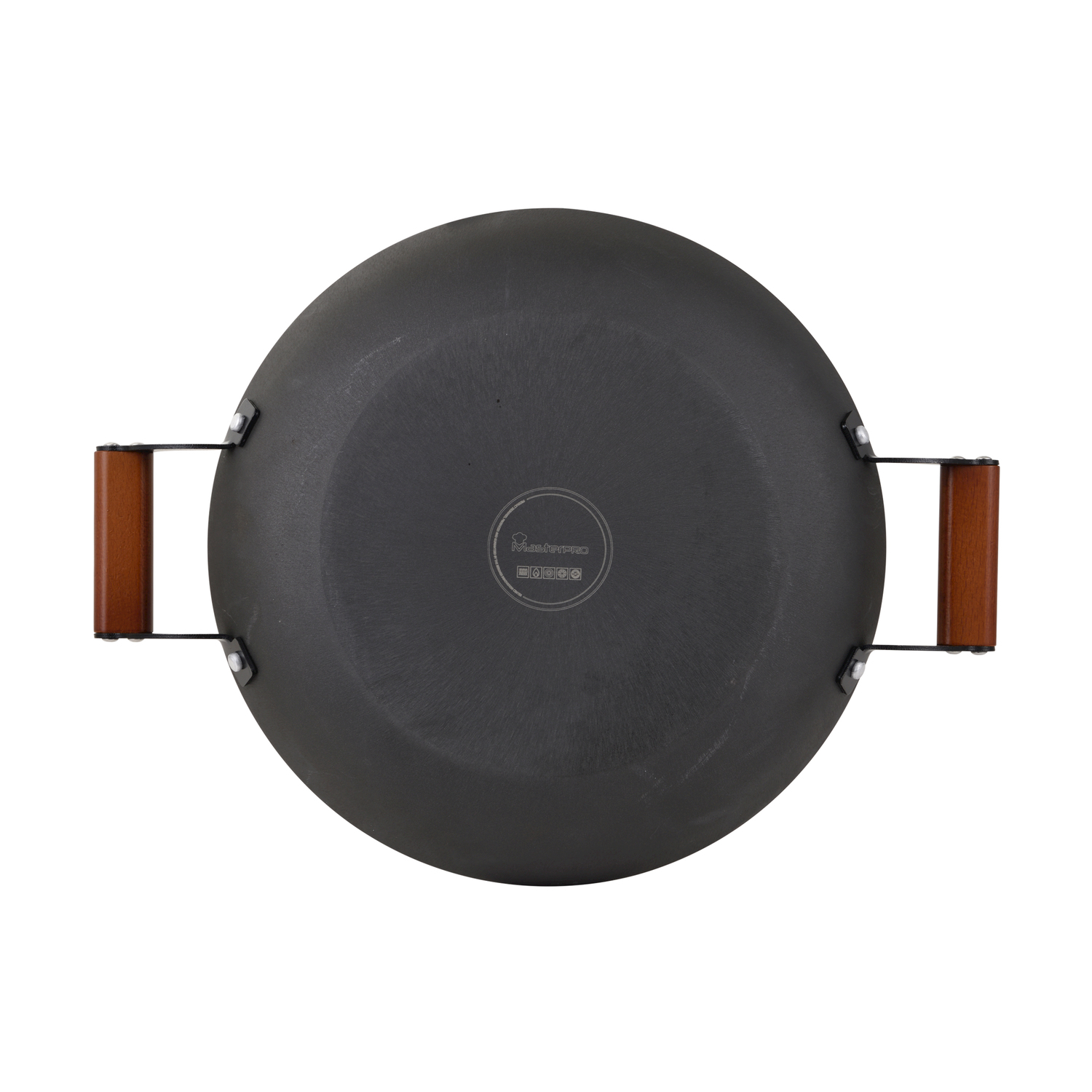 Padella wok nera con due manici in legno, vista dall'alto.