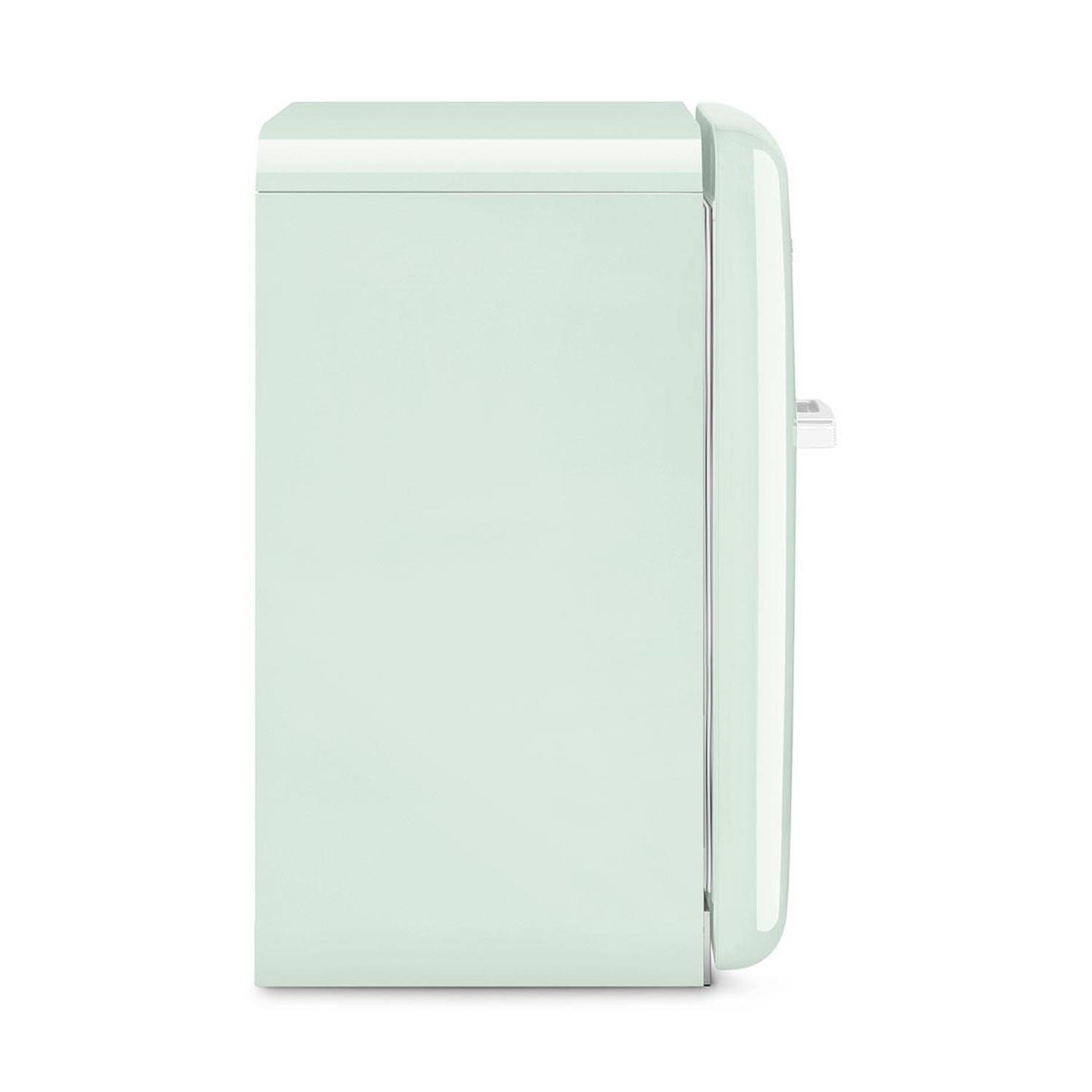 Un refrigerador verde claro visto de lado, con un asa.