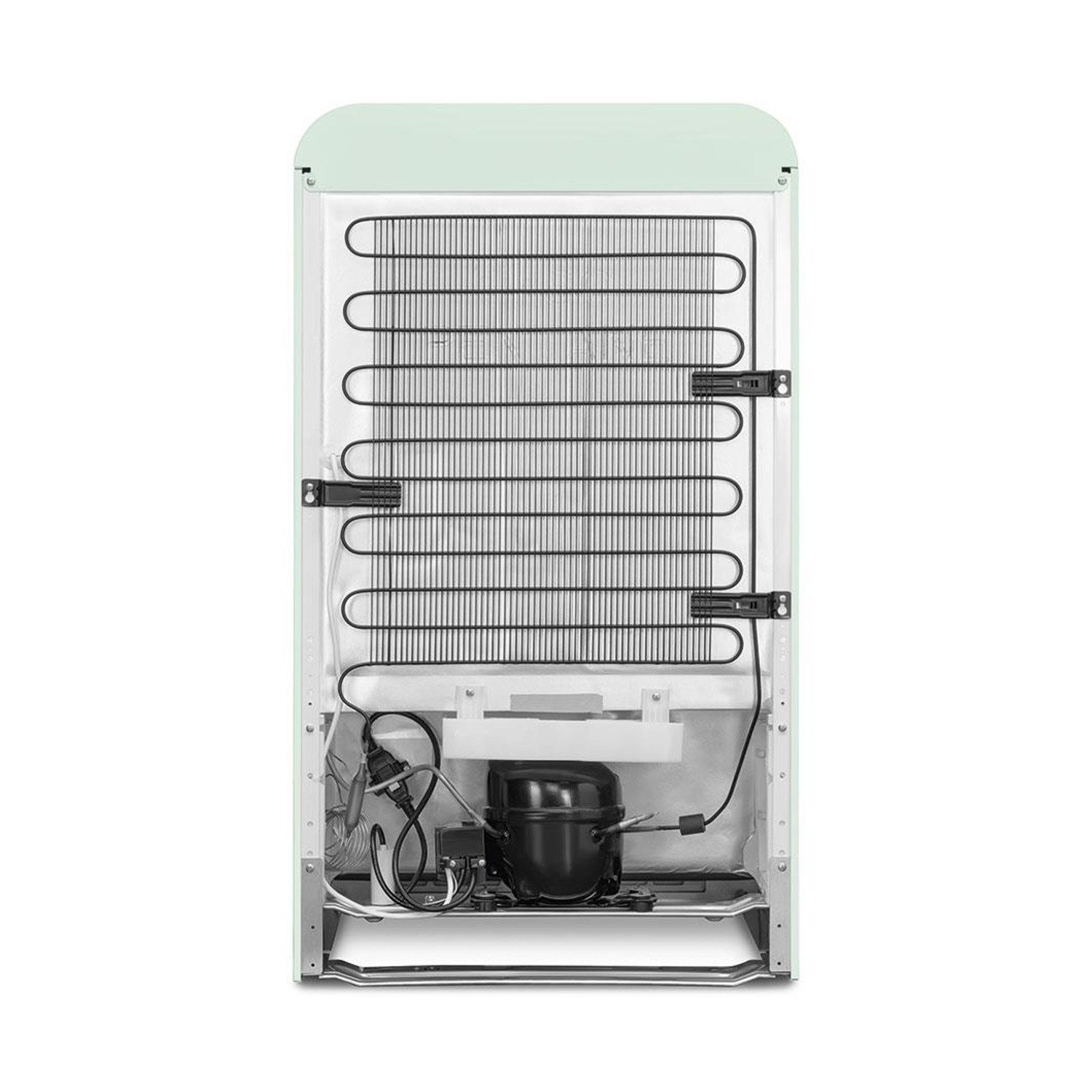 Parte trasera de un refrigerador verde claro con compresor y serpentín.