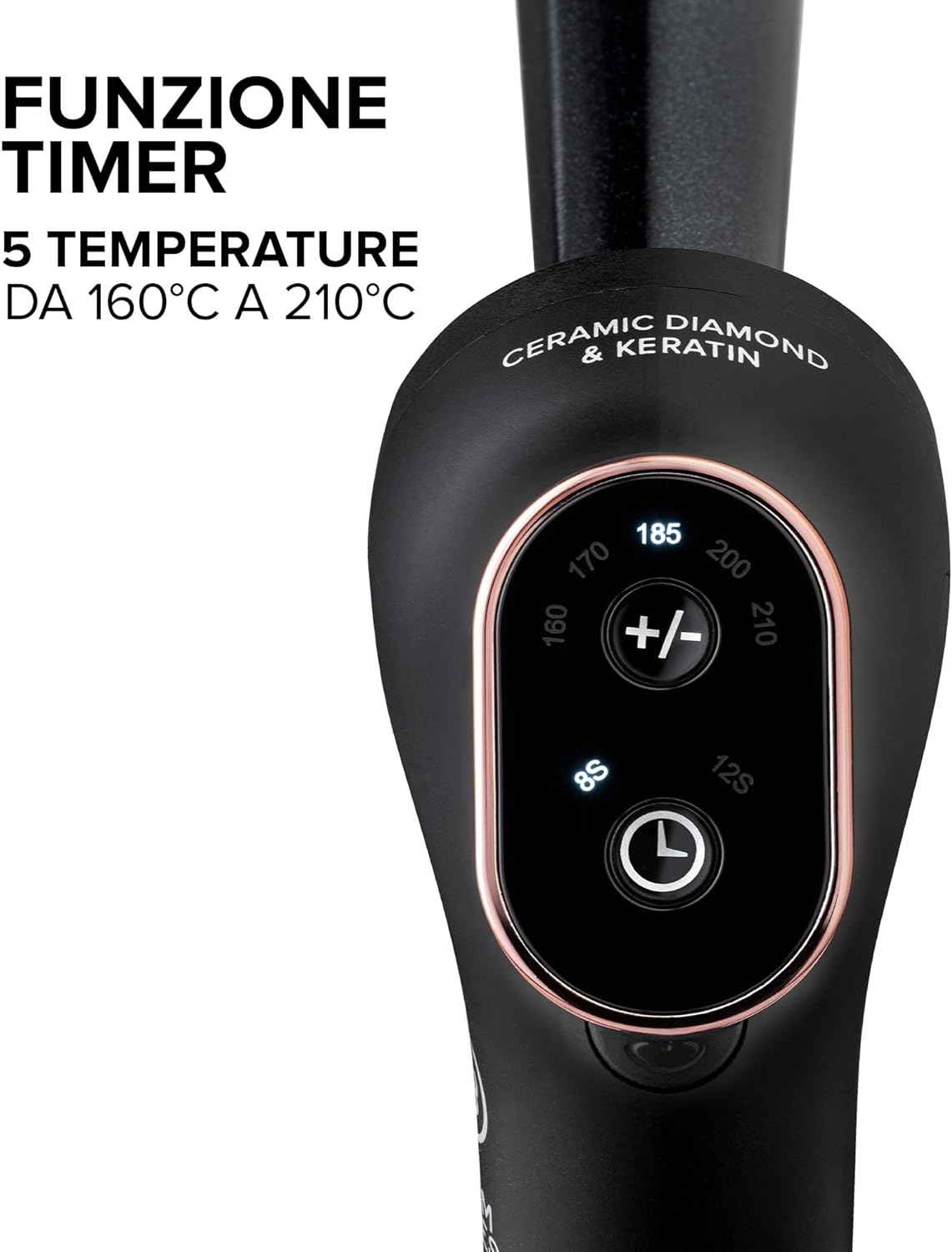 Arricciacapelli nero con display digitale per temperatura e timer.