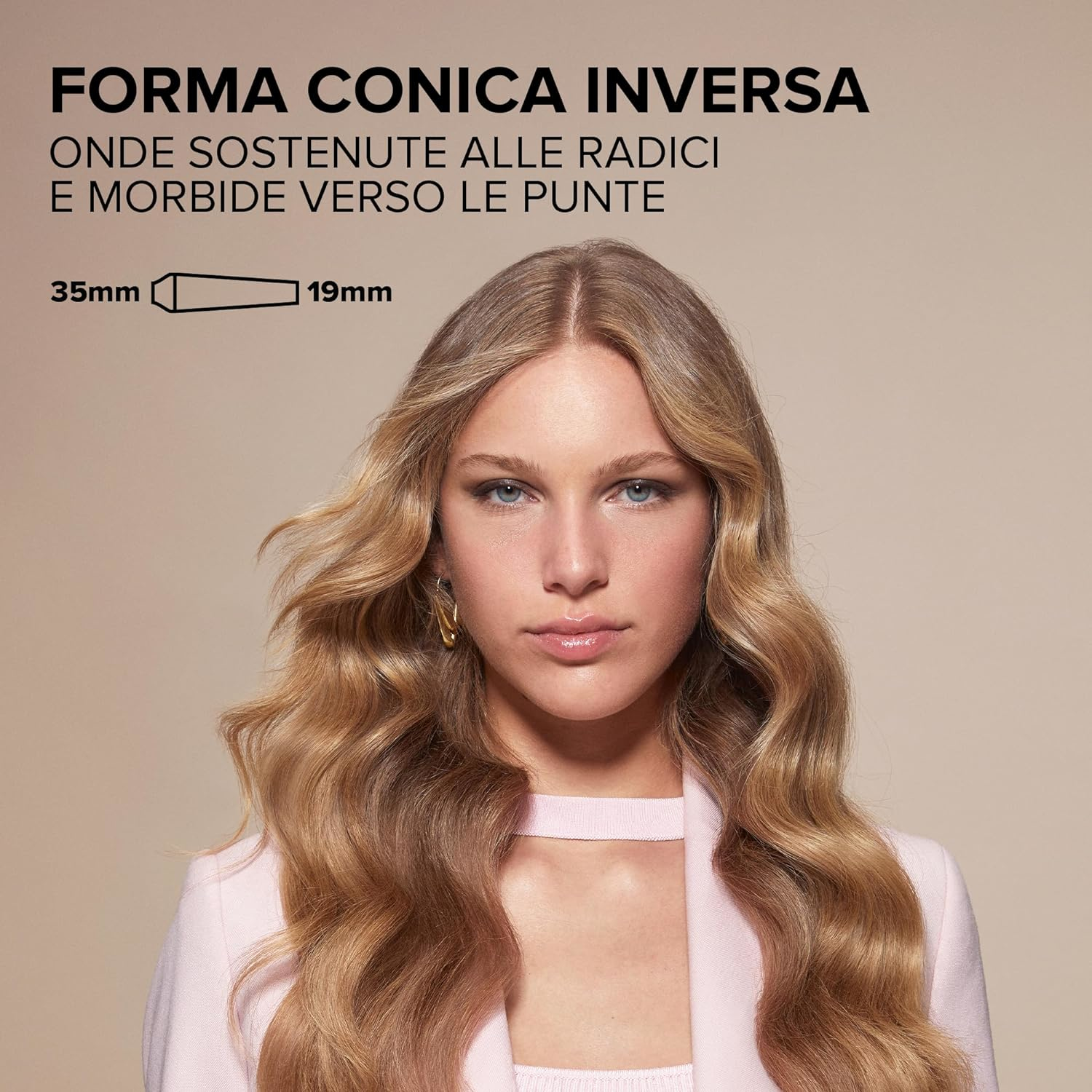 Donna con capelli biondi mossi in giacca rosa. Forma conica da 35mm a 19mm.