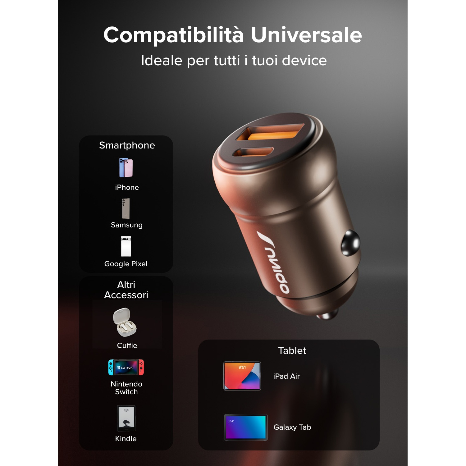 Cargador universal con puertos USB para smartphones, tablets, auriculares, Switch, Kindle.