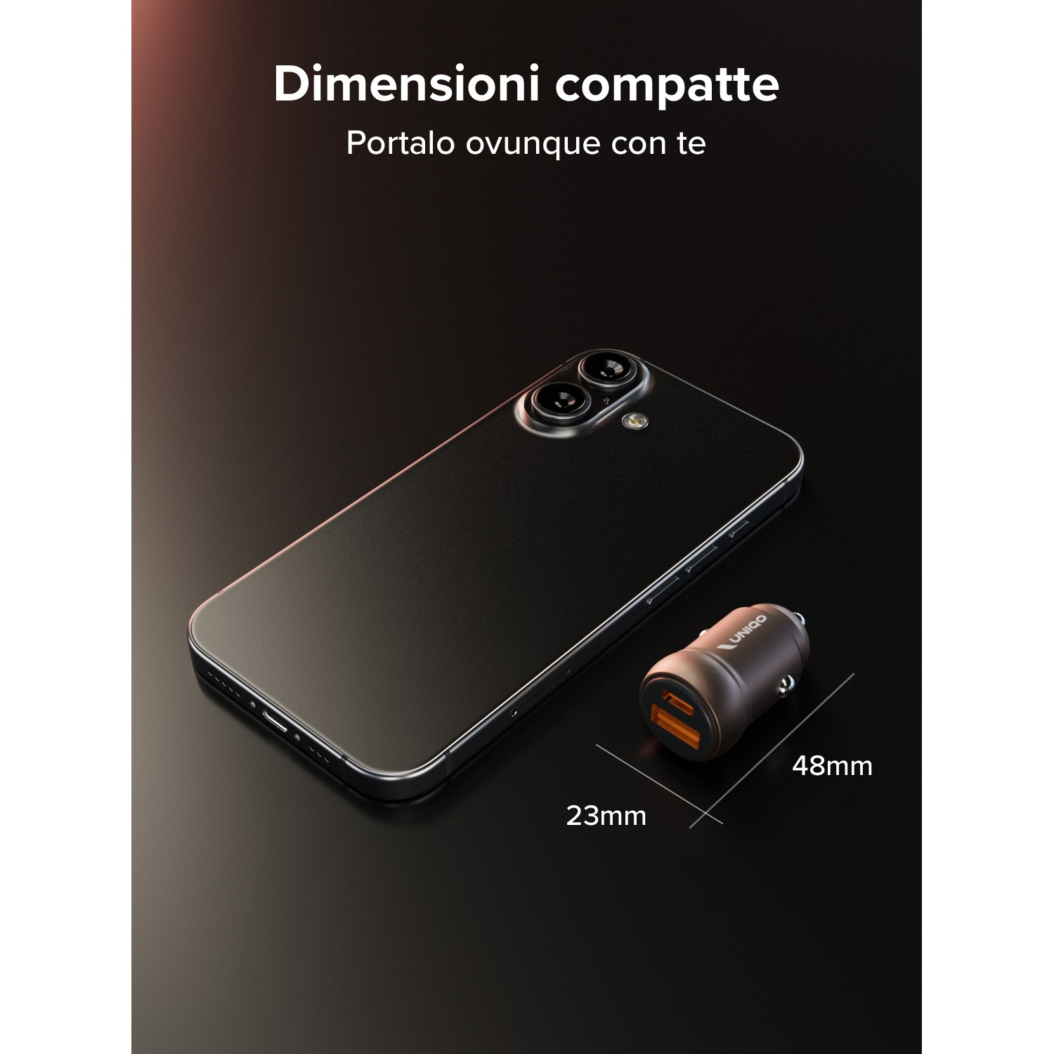 Un smartphone negro yace junto a un pequeño cargador de coche marrón.