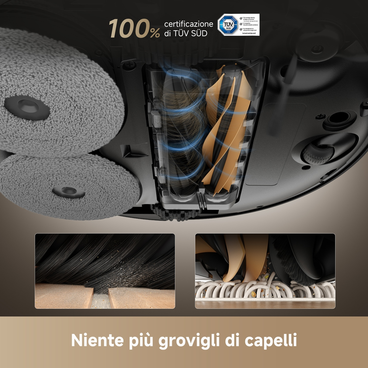 Odkurzacz automatyczny pokazuje swoje szczotki i certyfikat TÜV 100%.