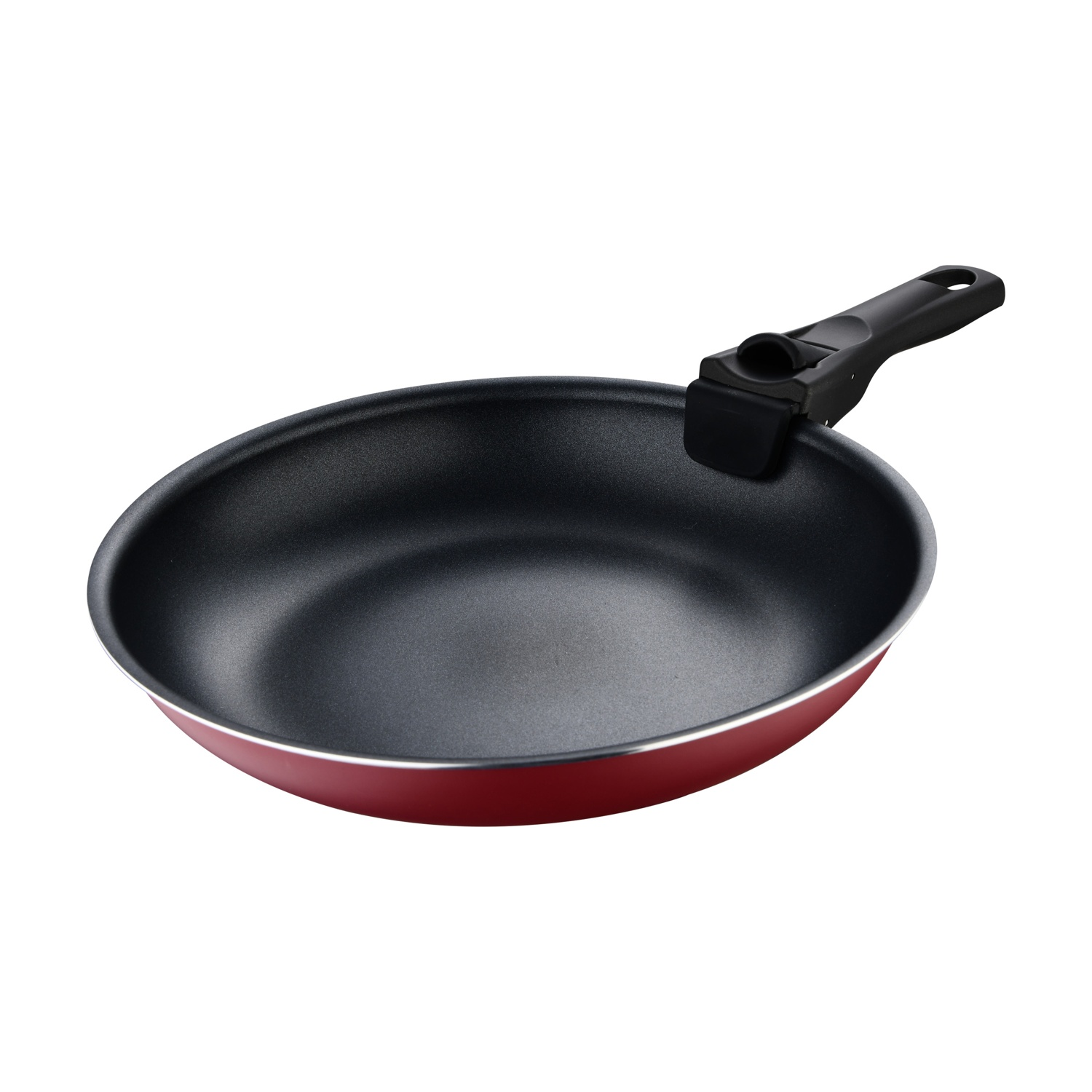 Una sartén roja con mango negro sobre fondo blanco.