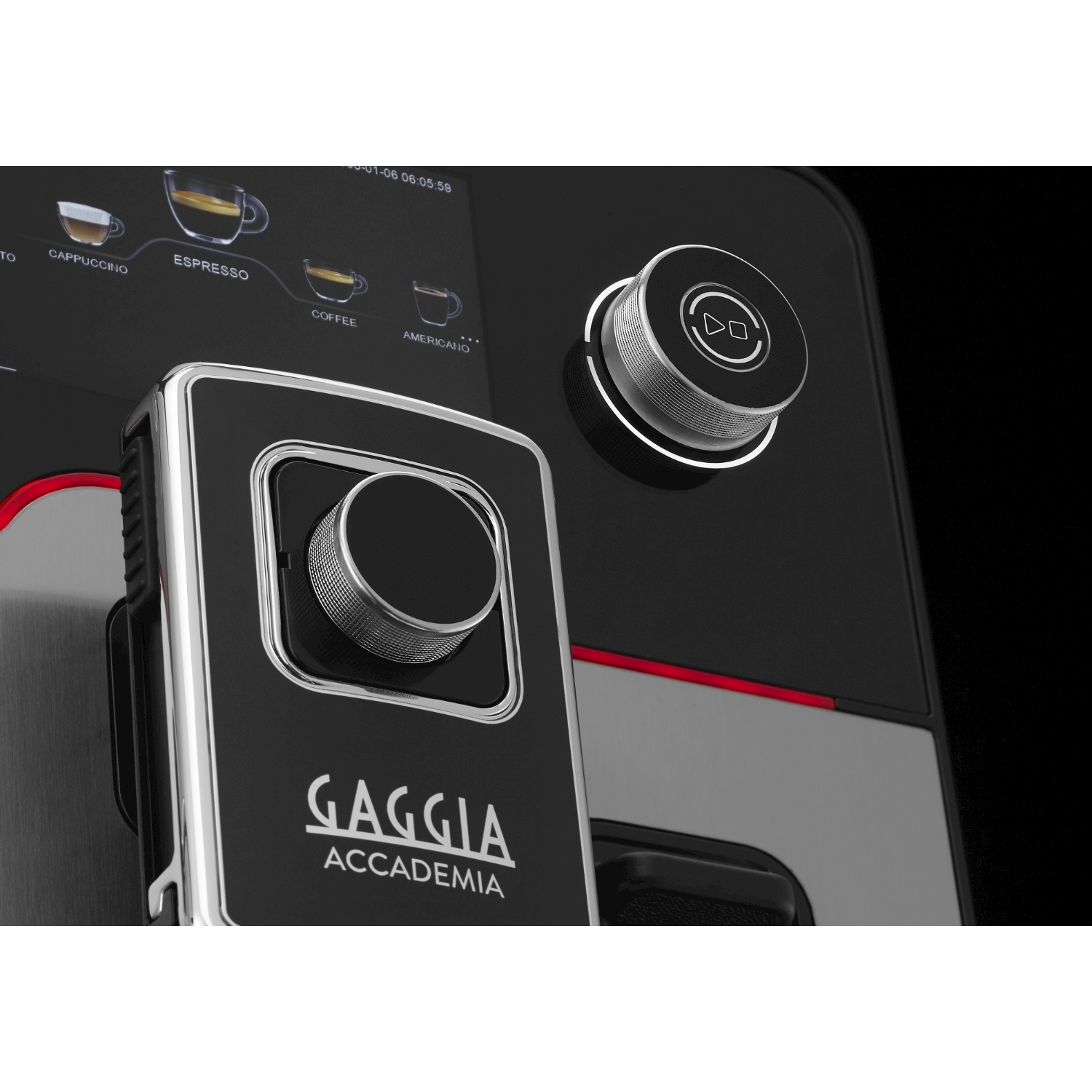 Close-up of a coffee machine showing control knobs and coffee selections.