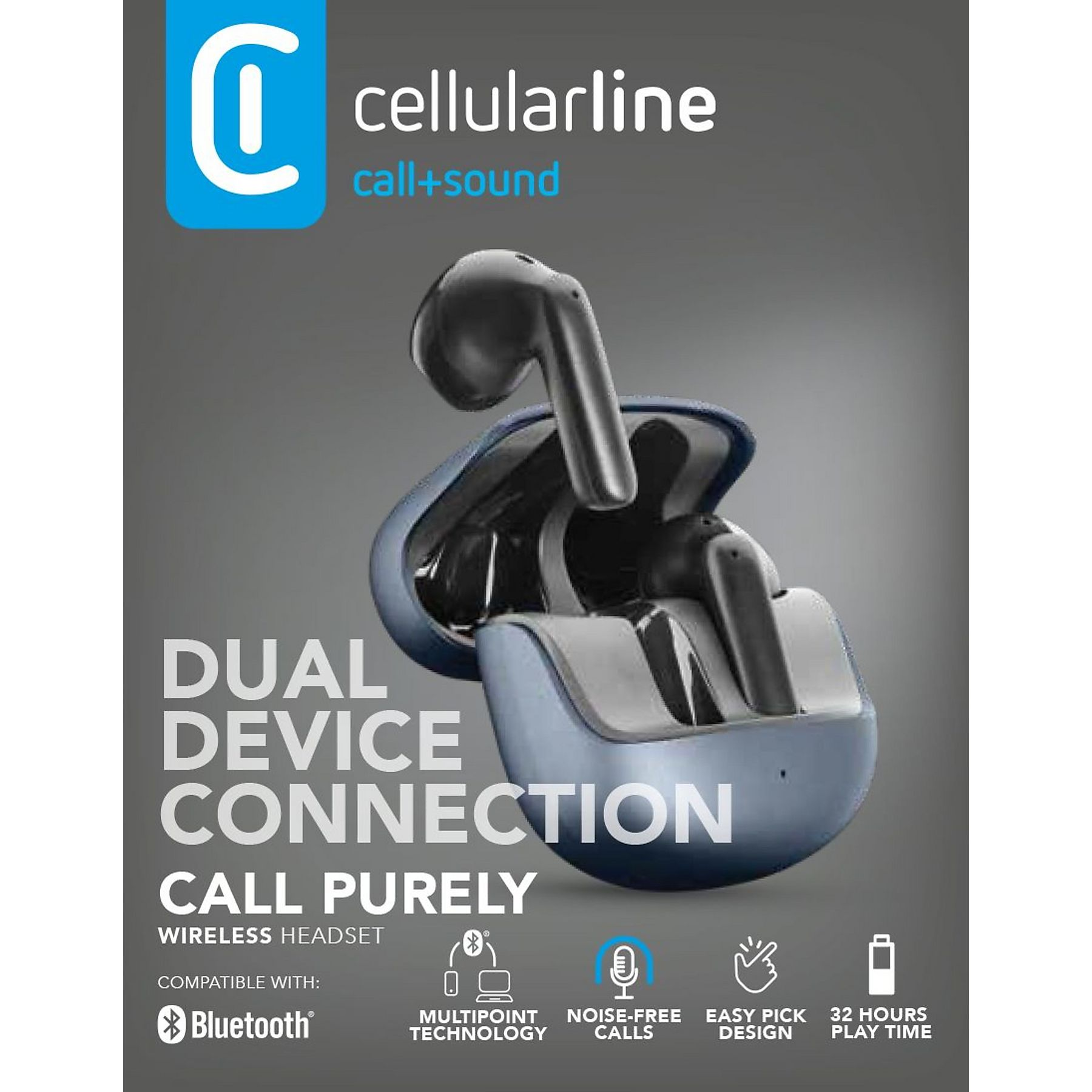 Cellularline kabellose Ohrhörer in blauer Hülle. Bietet Dual-Device-Verbindung.