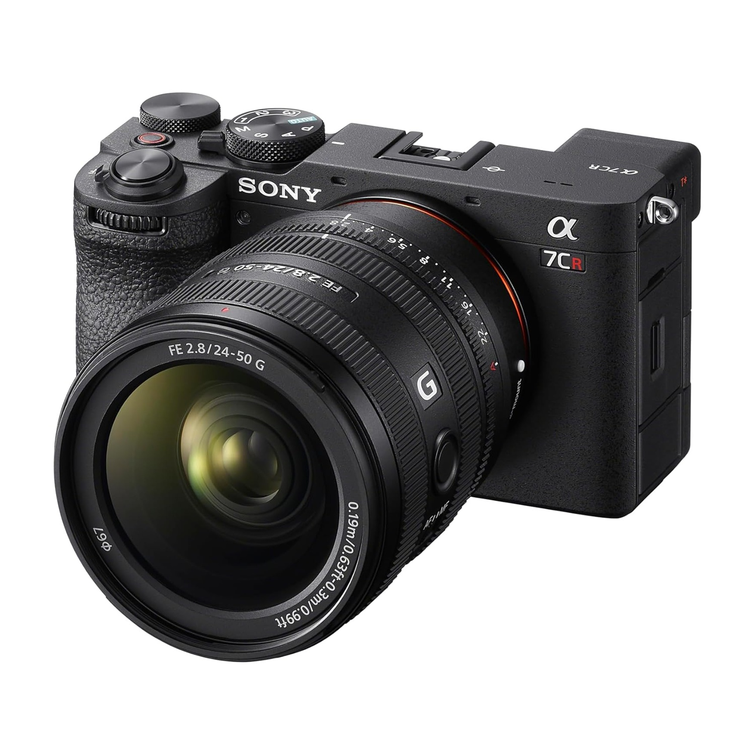Czarny aparat Sony Alpha 7CR z obiektywem G, widok od przodu po lewej.