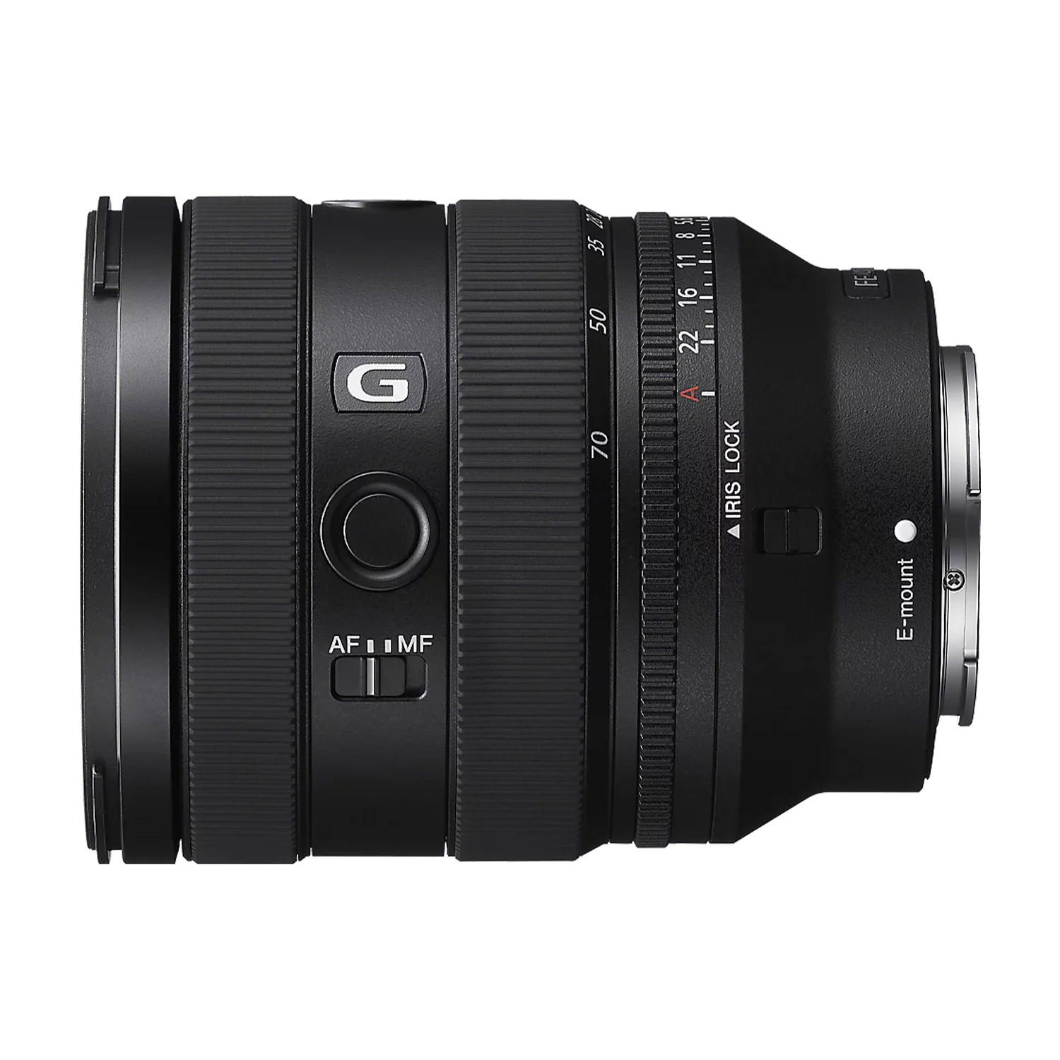 Czarny obiektyw Sony G z przełącznikiem AF/MF i mocowaniem E.