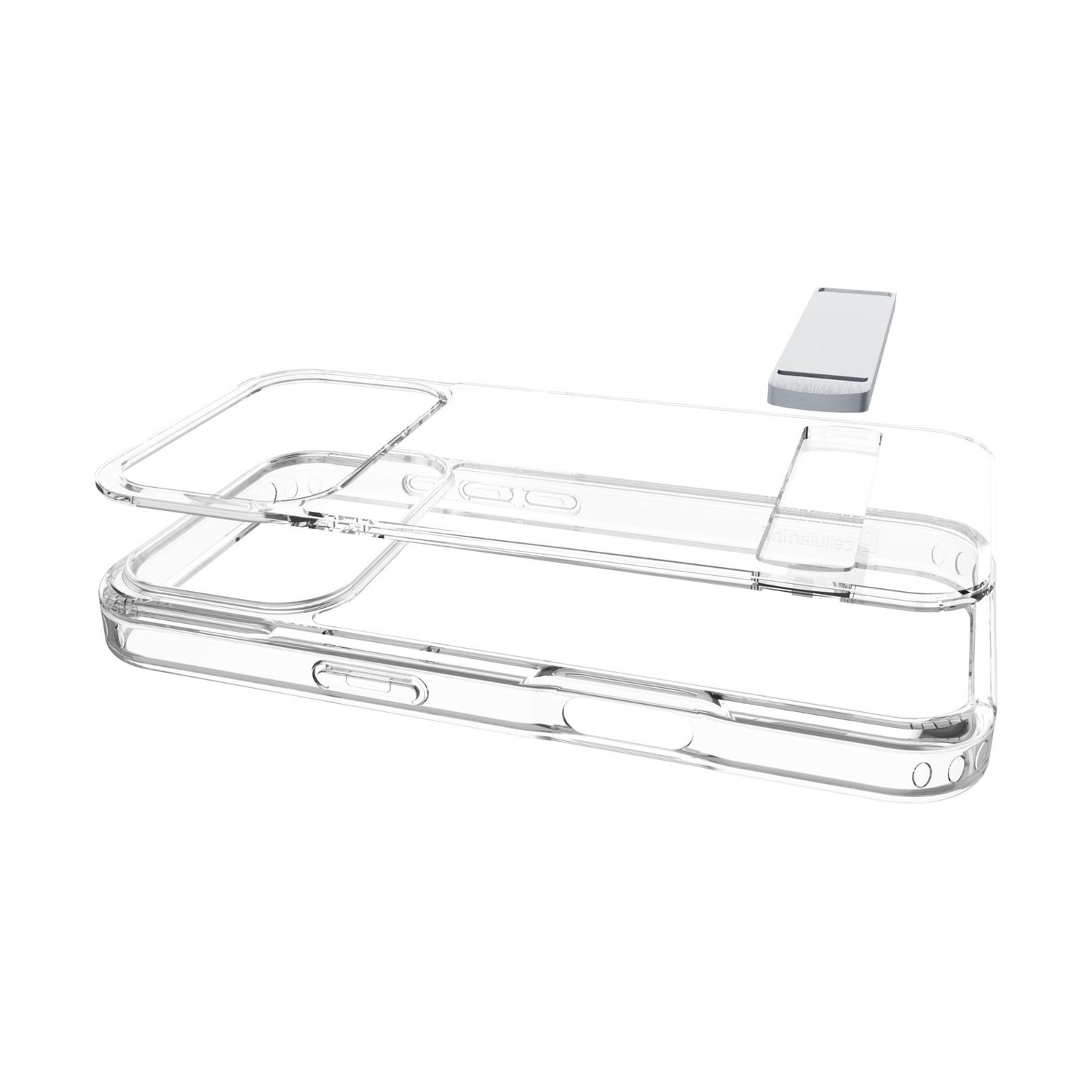 Coque de téléphone transparente avec support argenté sur fond blanc.