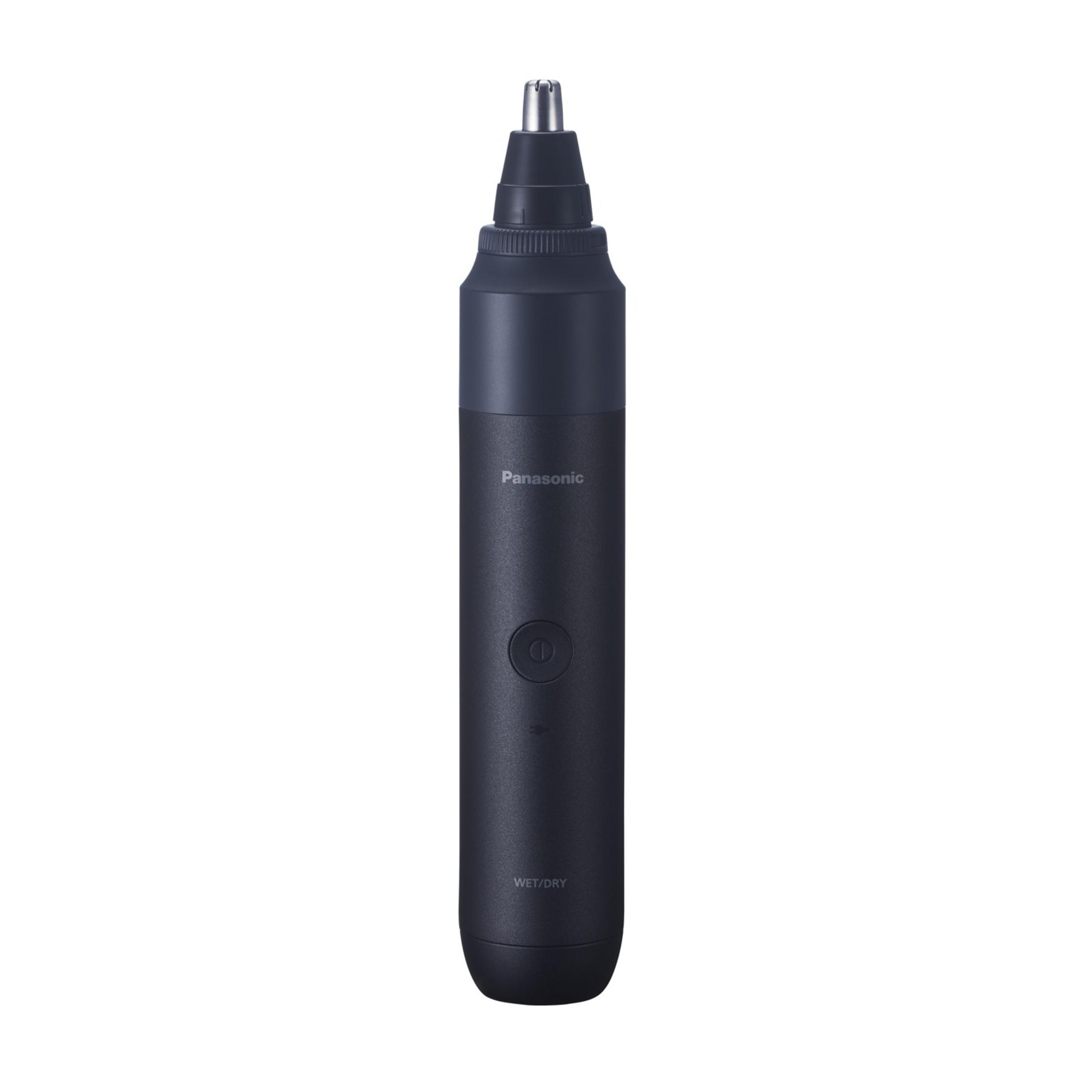 Tagliacapelli nasale Panasonic blu scuro con punta argentata e pulsante di accensione.