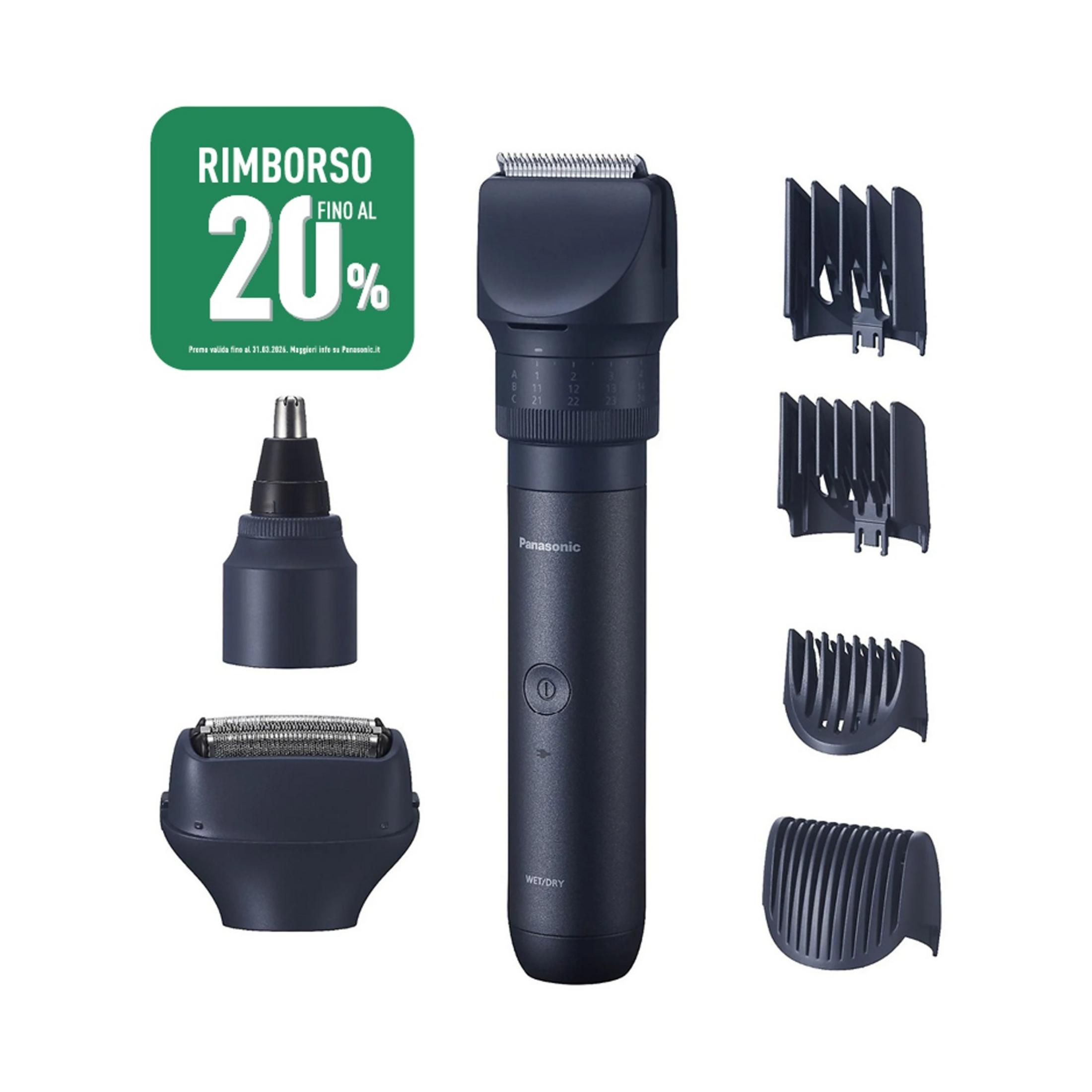 Rifinitore Panasonic con accessori e rimborso del 20%.