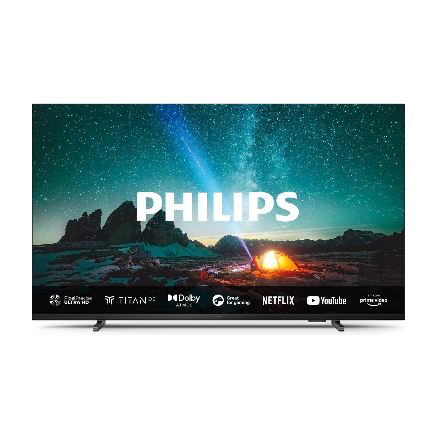 Telewizor Philips pokazuje gwieździste niebo i namiot. Loga na dole.