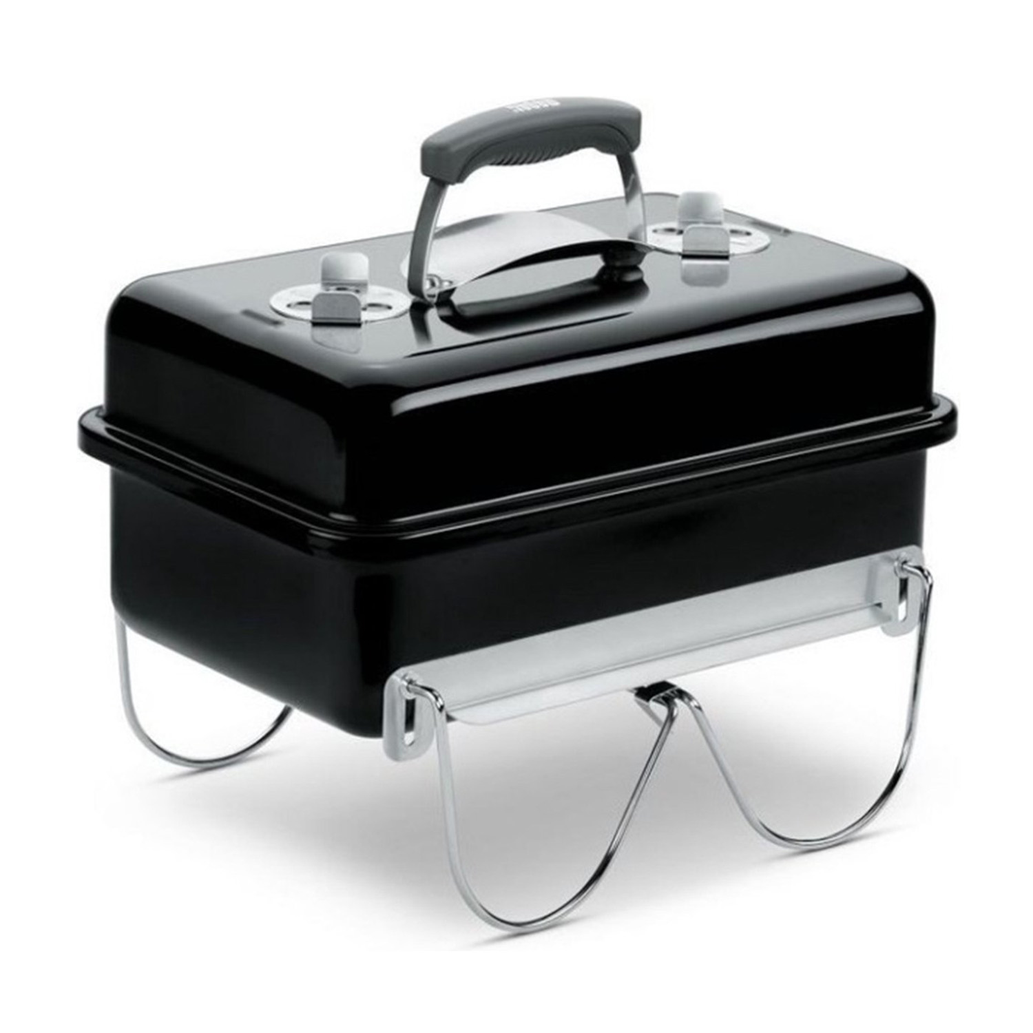 Czarny przenośny grill ze srebrnymi nogami i uchwytem.