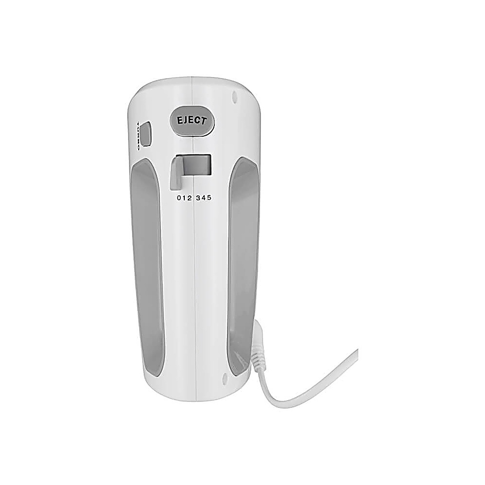 Biały mikser ręczny z szarymi wstawkami, przyciskiem EJECT i regulacją prędkości.