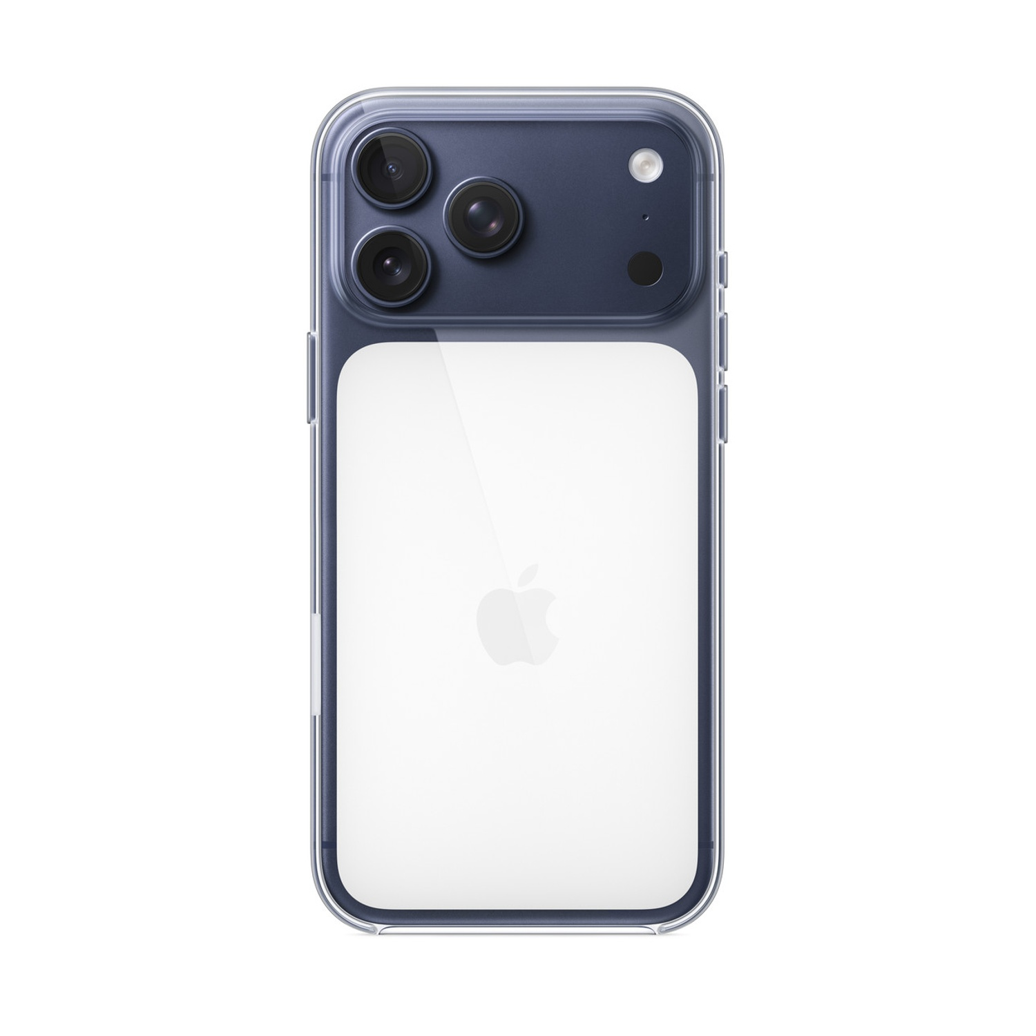 Custodia trasparente per telefono con tripla fotocamera su sfondo bianco. Logo Apple visibile.