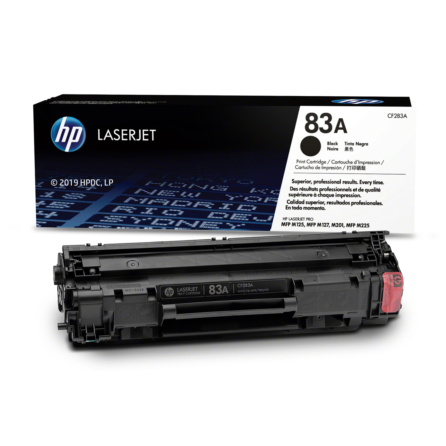 Czarny toner HP LaserJet 83A, widoczne pudełko i kartridż.