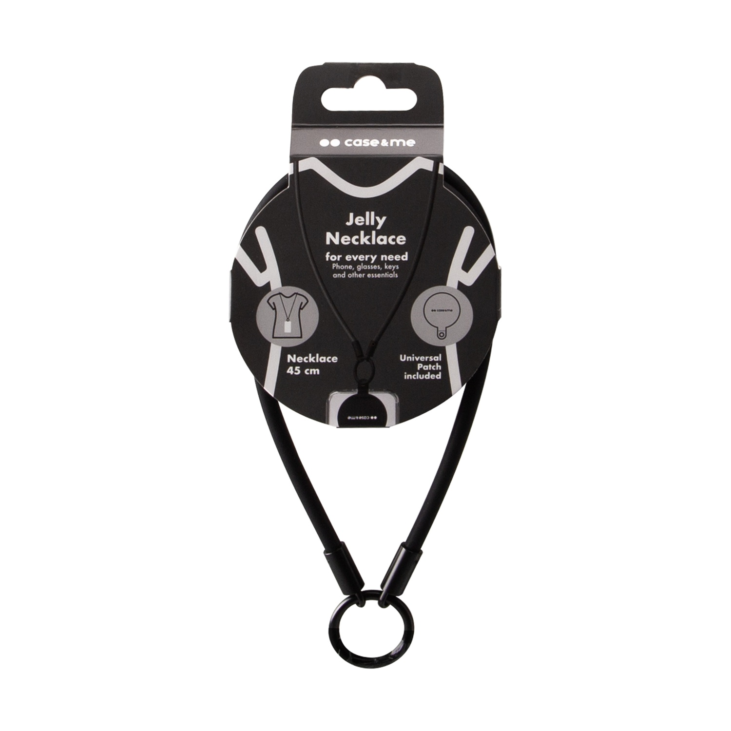 Collana nera per telefono, occhiali, chiavi, 45 cm, con patch universale.