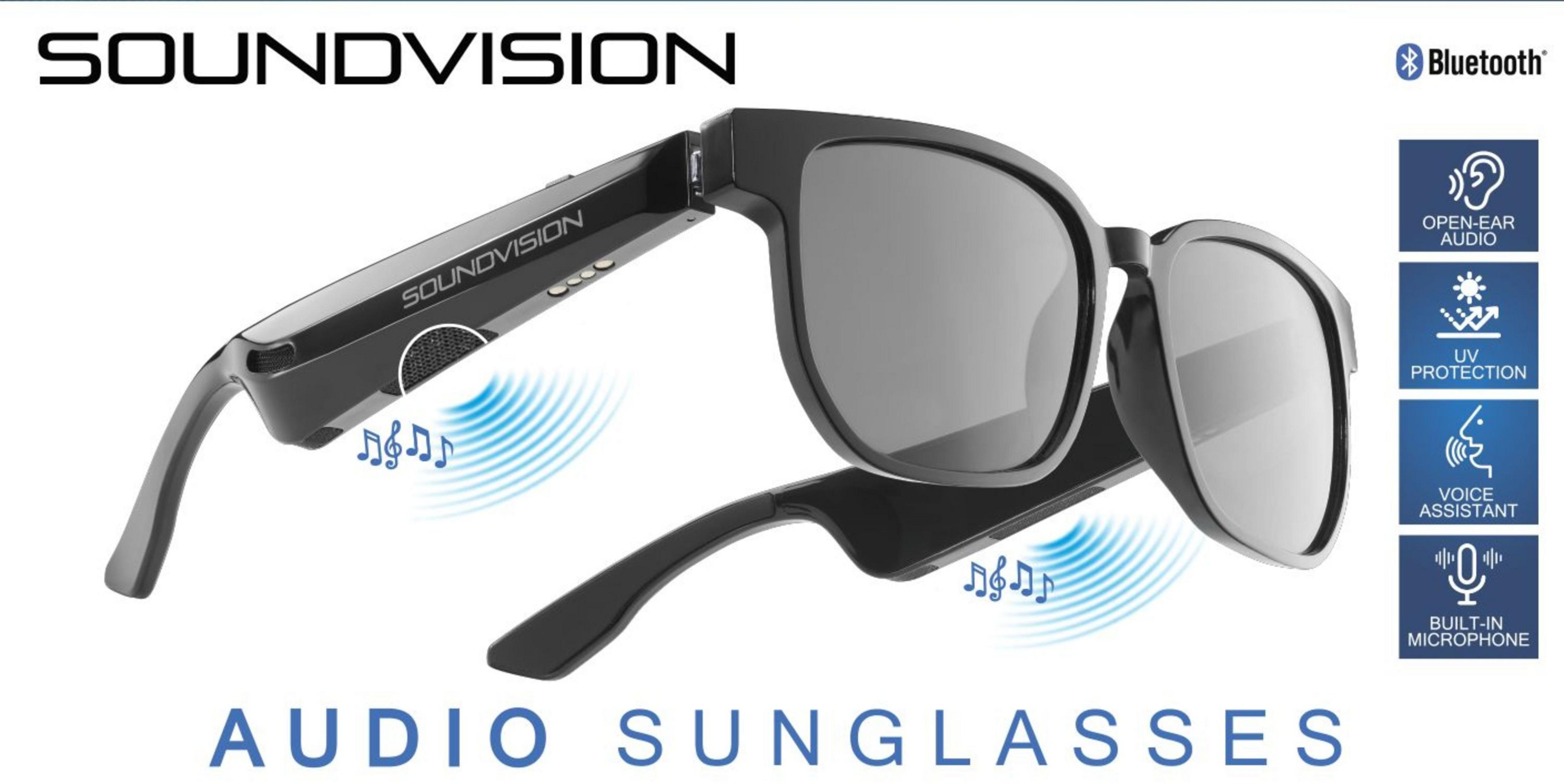 Occhiali da sole audio neri con Bluetooth, protezione UV e note musicali.