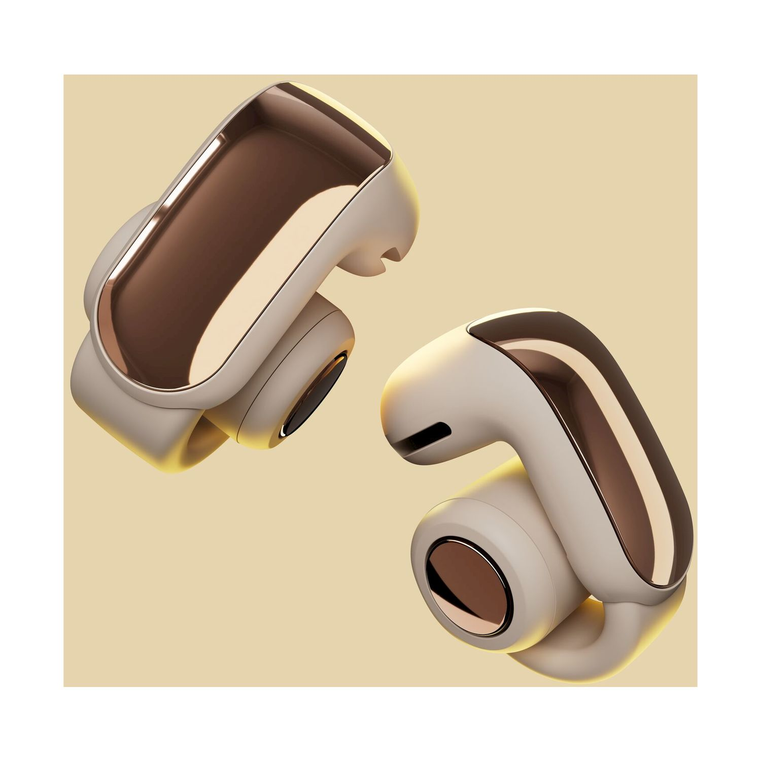 Due auricolari wireless beige con accenti dorati, isolati su sfondo giallo.