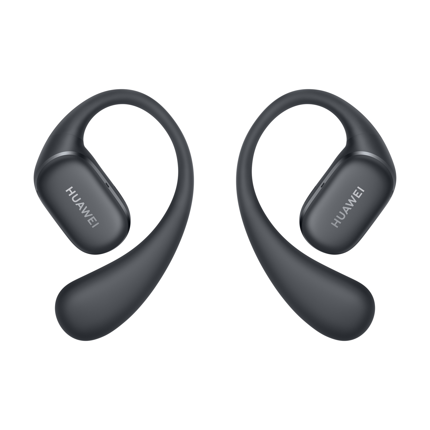 Dwa ciemnoszare słuchawki Huawei z zaczepami na uszy.