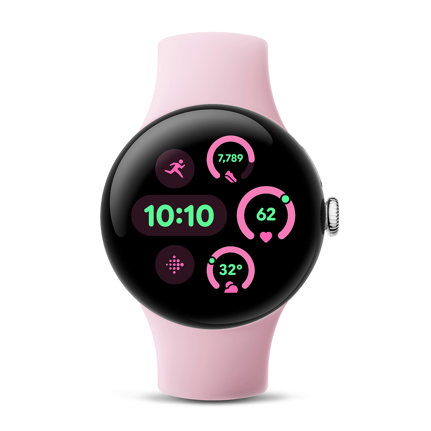 Różowy smartwatch wyświetla 10:10, kroki, tętno i temperaturę.