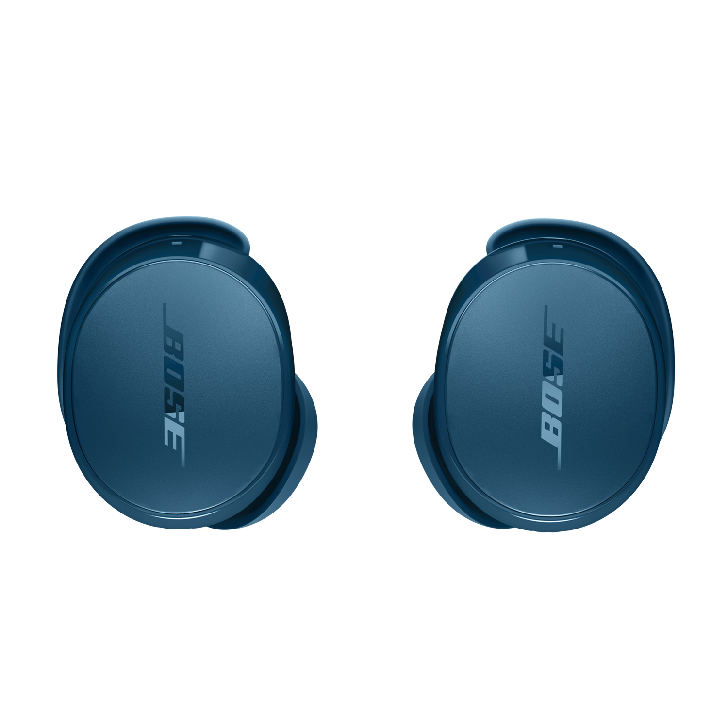 Dwa niebieskie słuchawki Bose z logo Bose na białym tle.