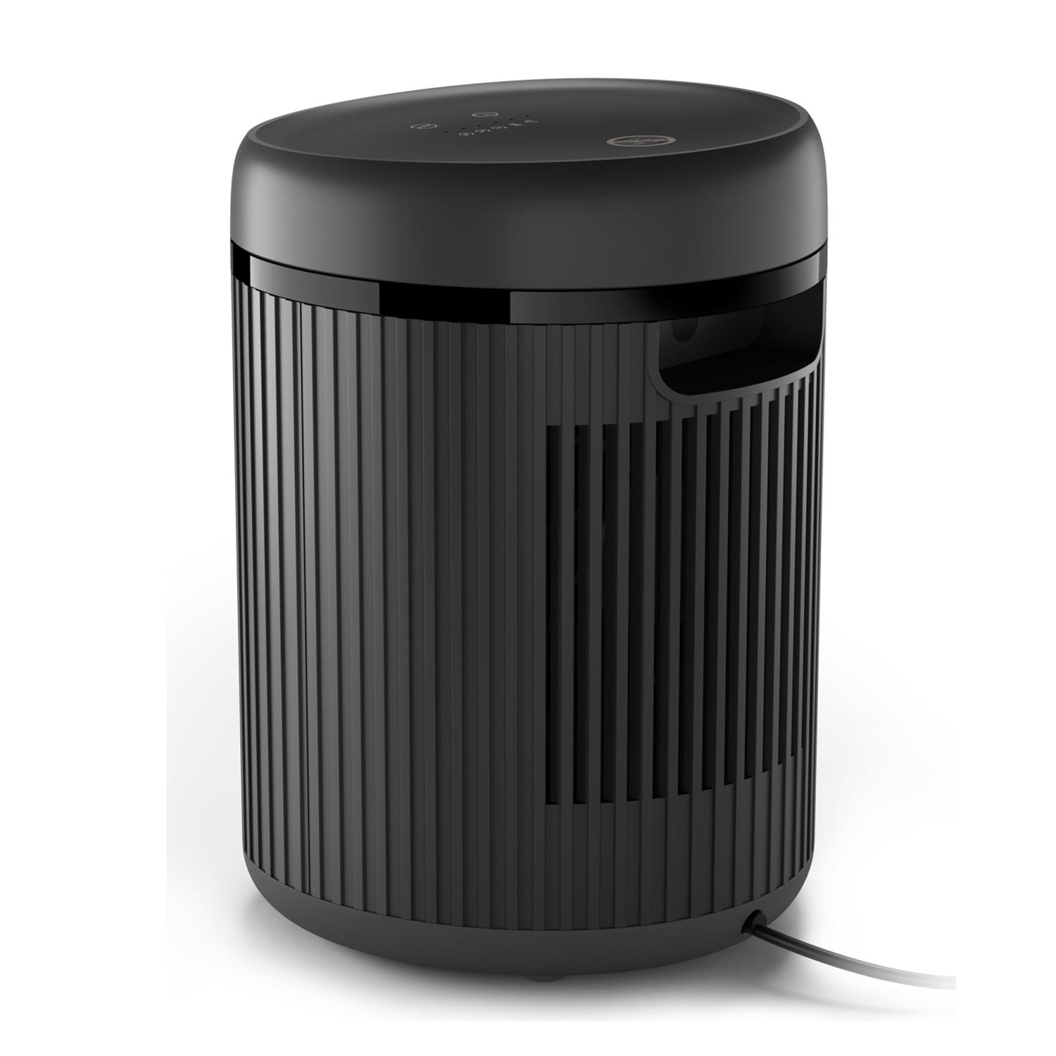 Czarny, cylindryczny oczyszczacz powietrza z żebrowaną obudową i górnymi przyciskami.