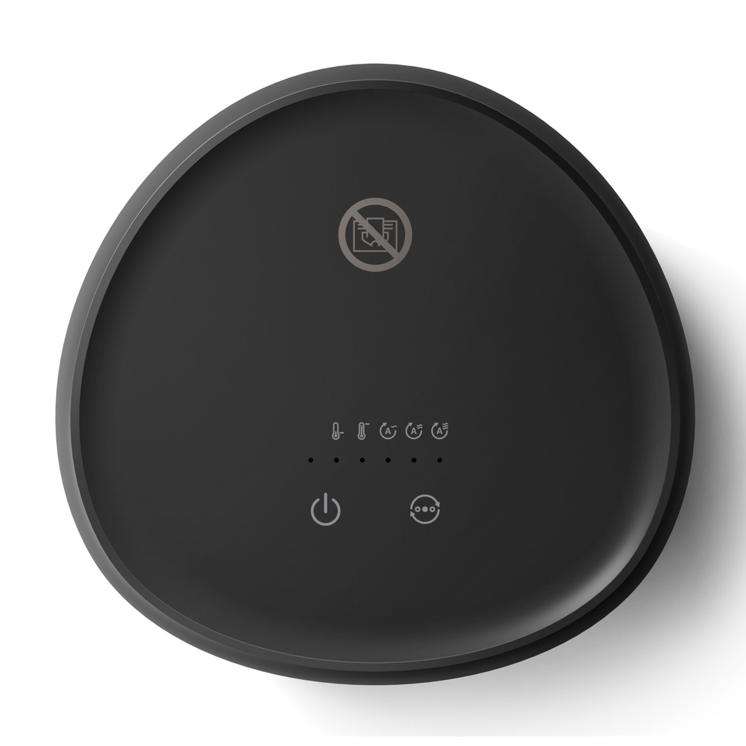 Czarne urządzenie z symbolami temperatury, mocy i włączania/wyłączania.