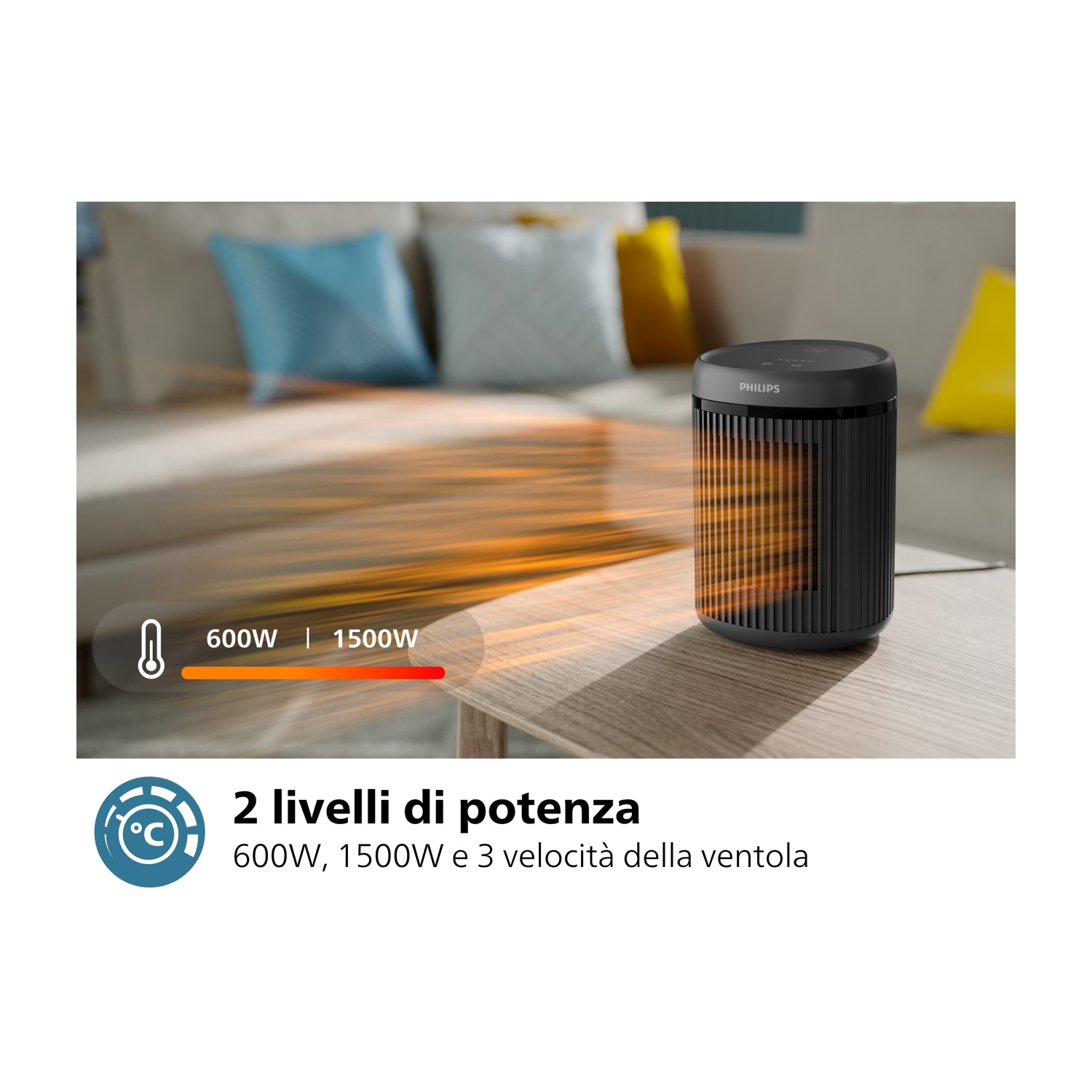 Czarny grzejnik Philips z pionowymi żebrami emituje ciepłe powietrze.