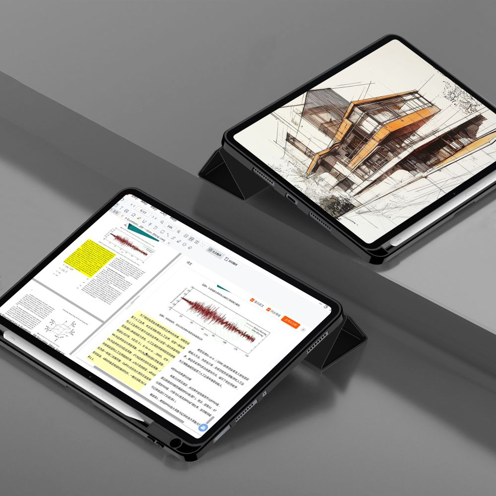 Zwei Tablets zeigen Diagramme und Architekturzeichnungen auf dunklem Hintergrund.
