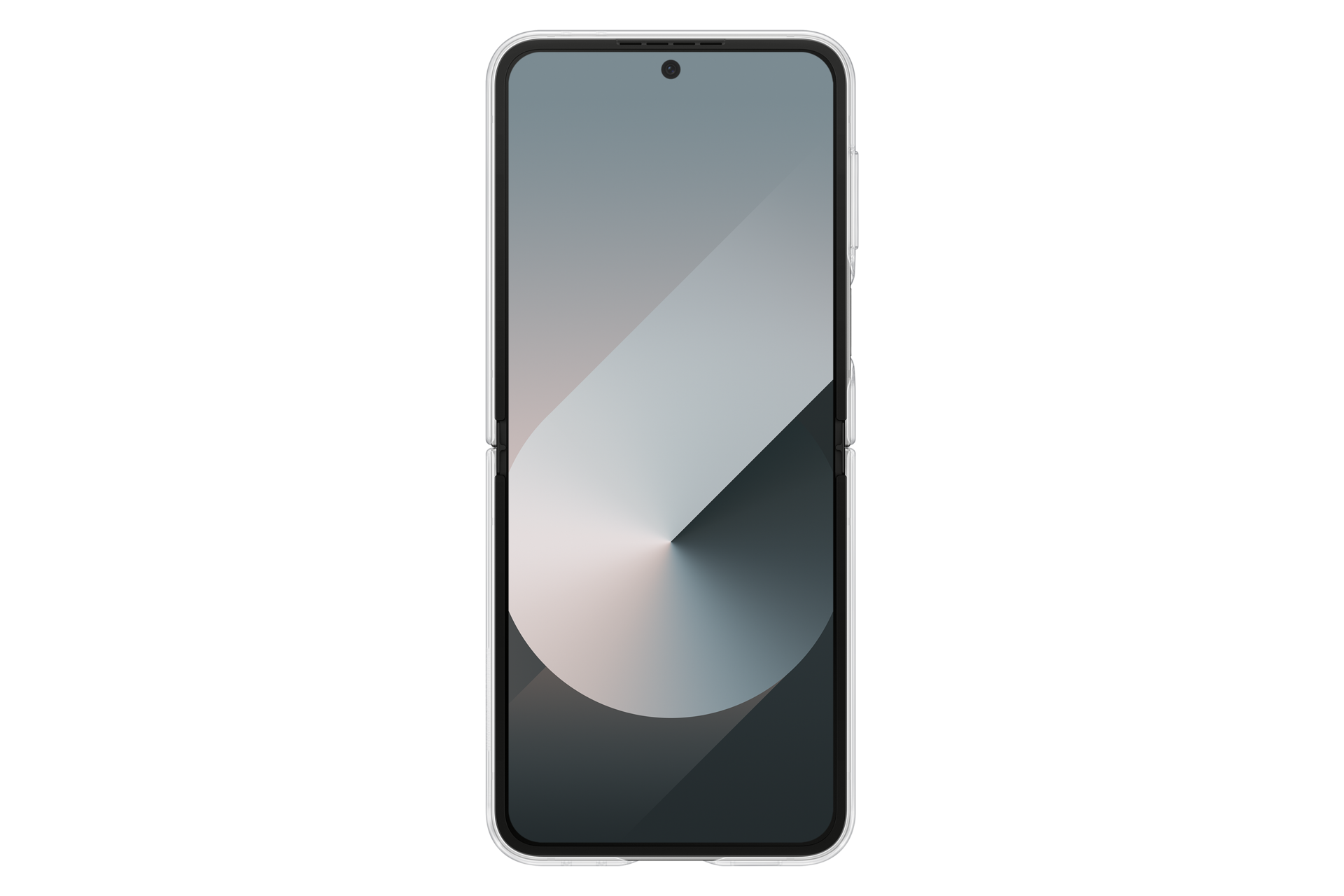 Un smartphone centré sur fond noir, affichant un fond d'écran abstrait gris.