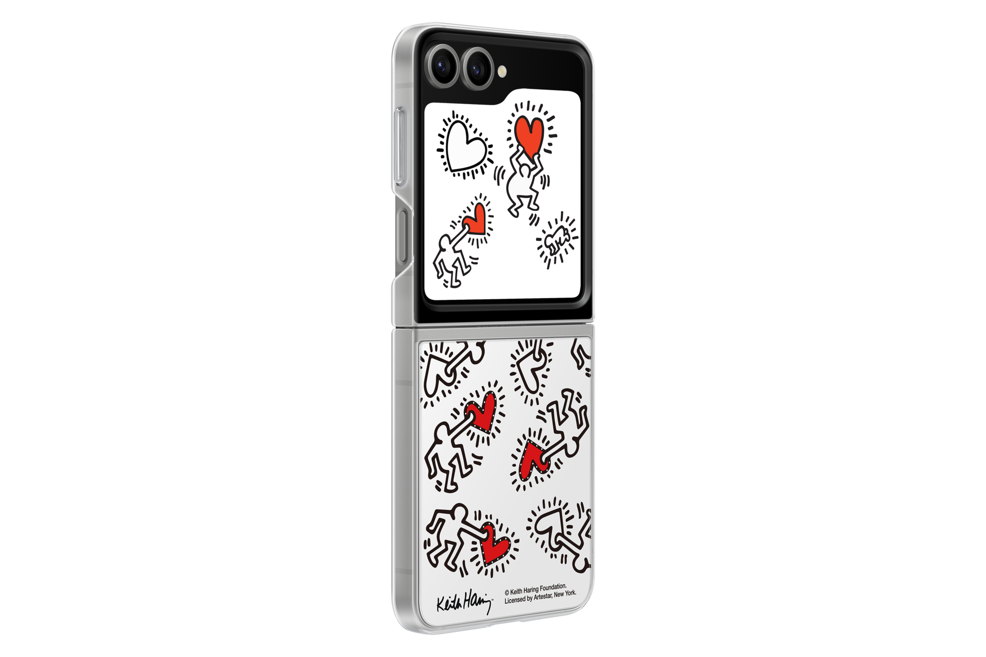 Un smartphone plié avec de l'art de Keith Haring : figures dansantes et cœurs.