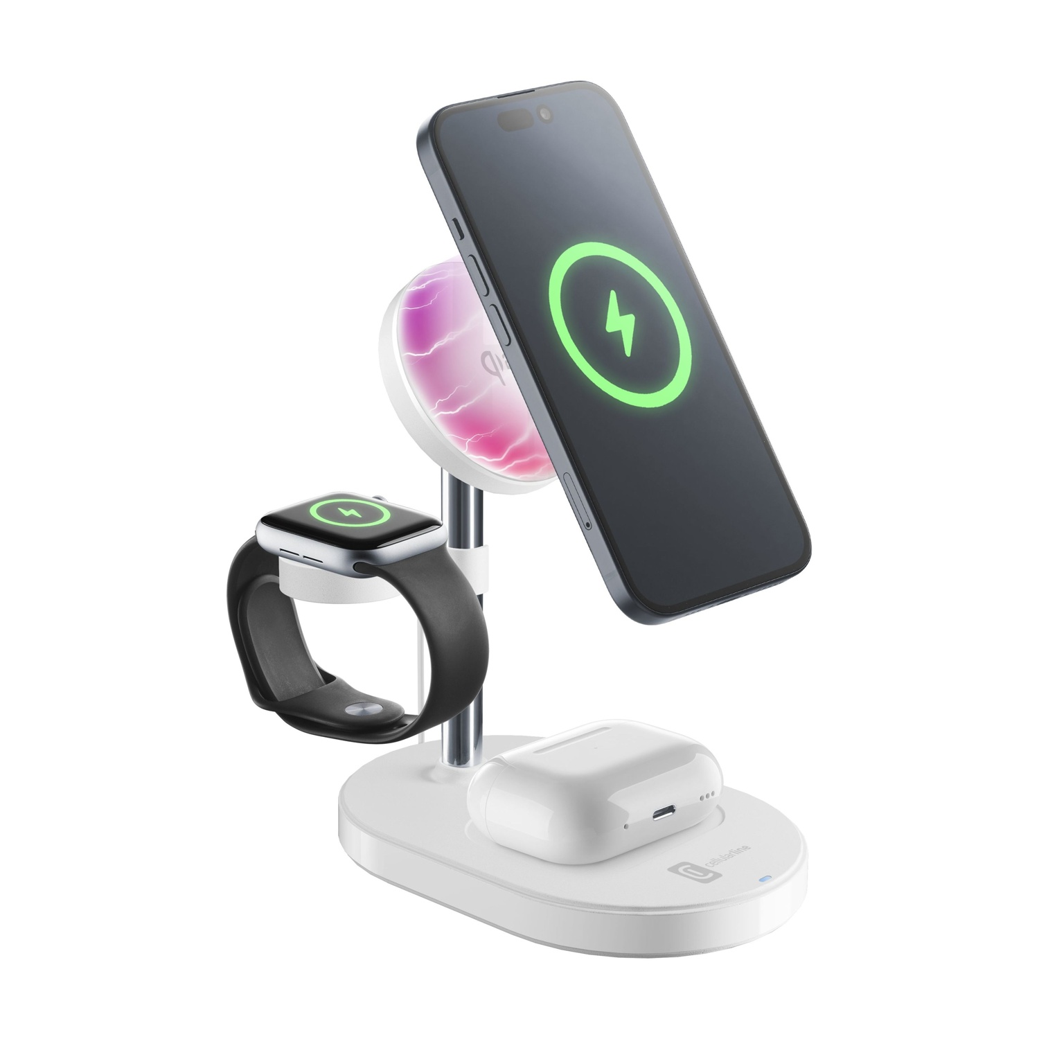Ein dreifaches Ladegerät mit einem Smartphone, einer Apple Watch und Ohrhörern.