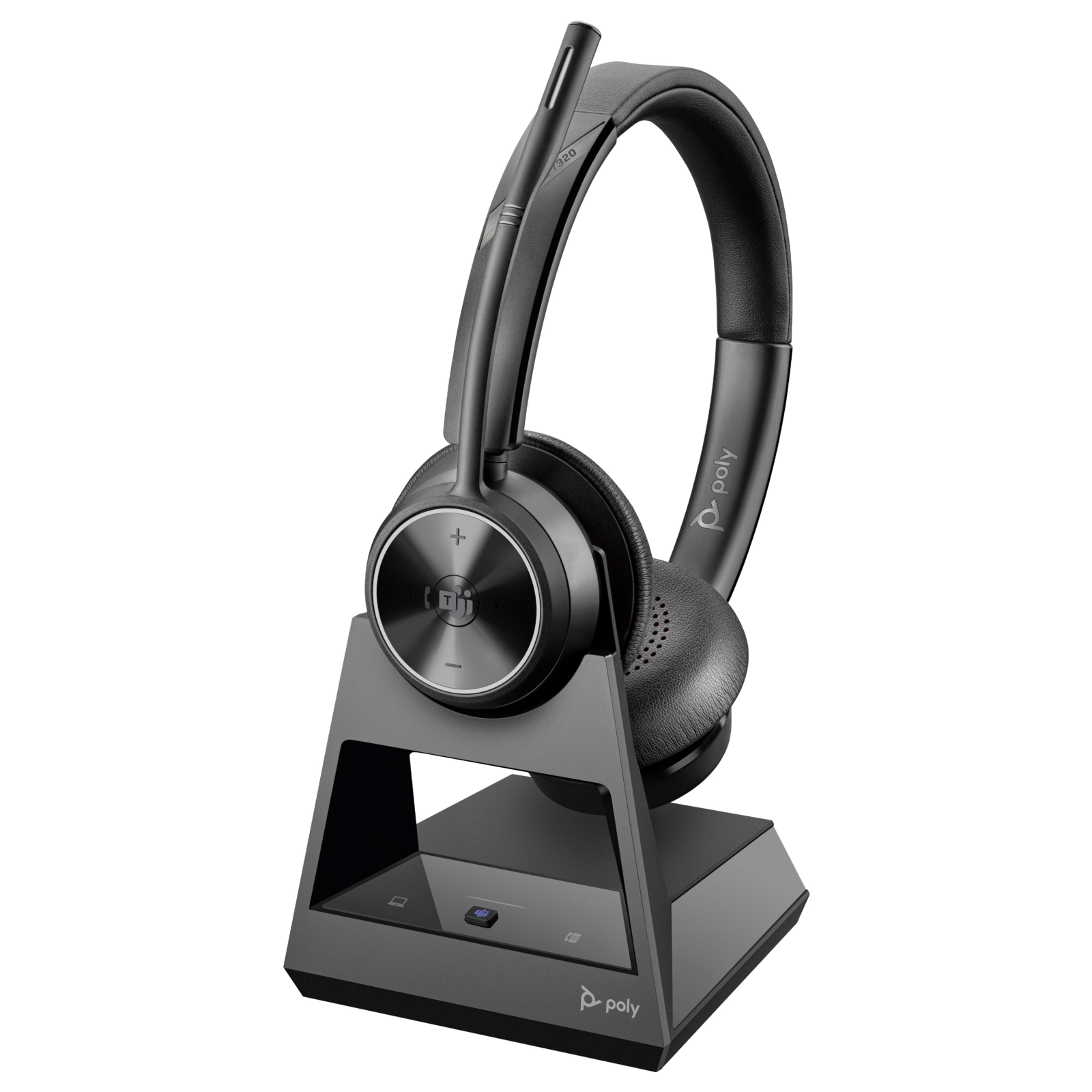 Cuffie Poly nere con microfono su base di ricarica.