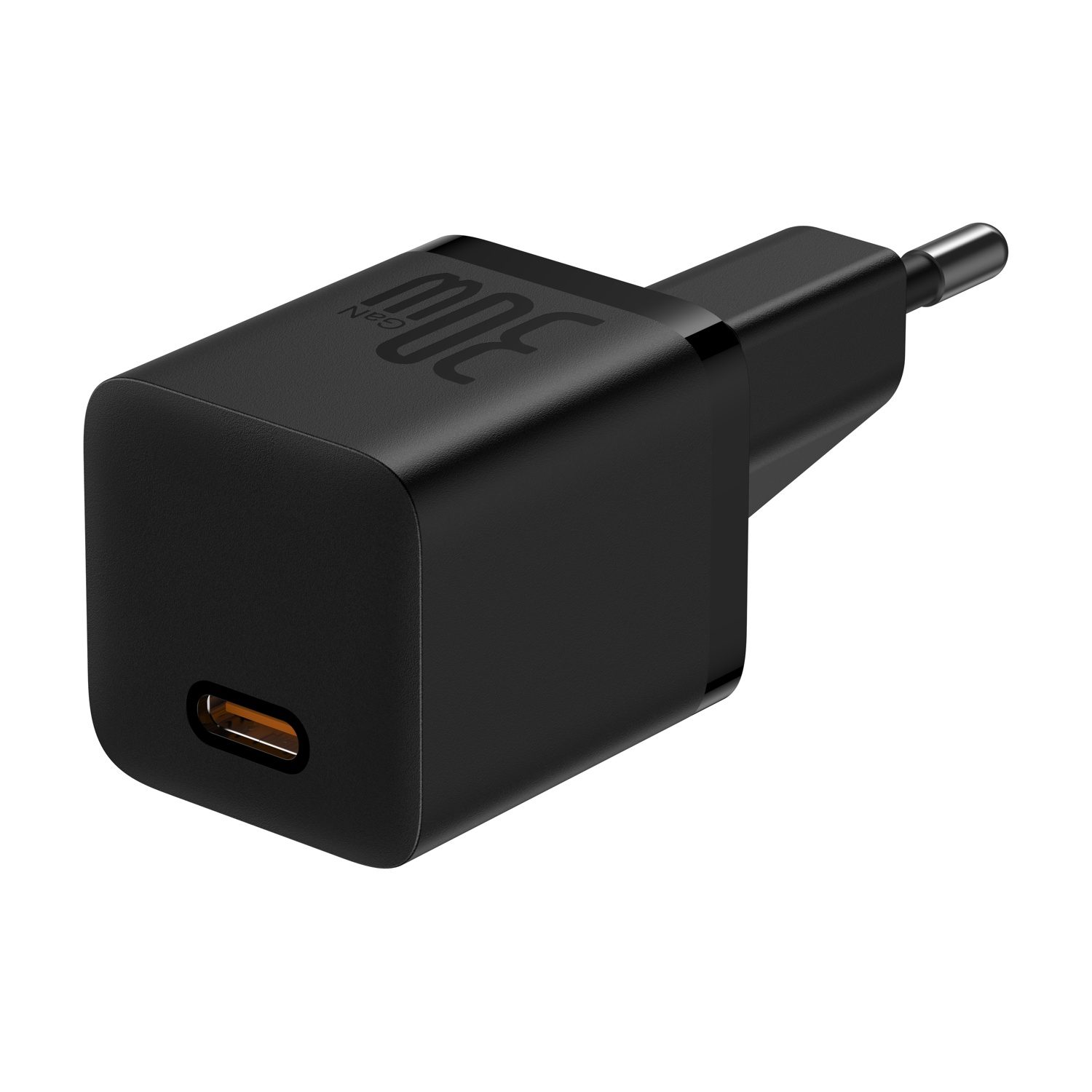 Adattatore caricatore USB-C nero con tecnologia GaN da 30W e porta arancione.