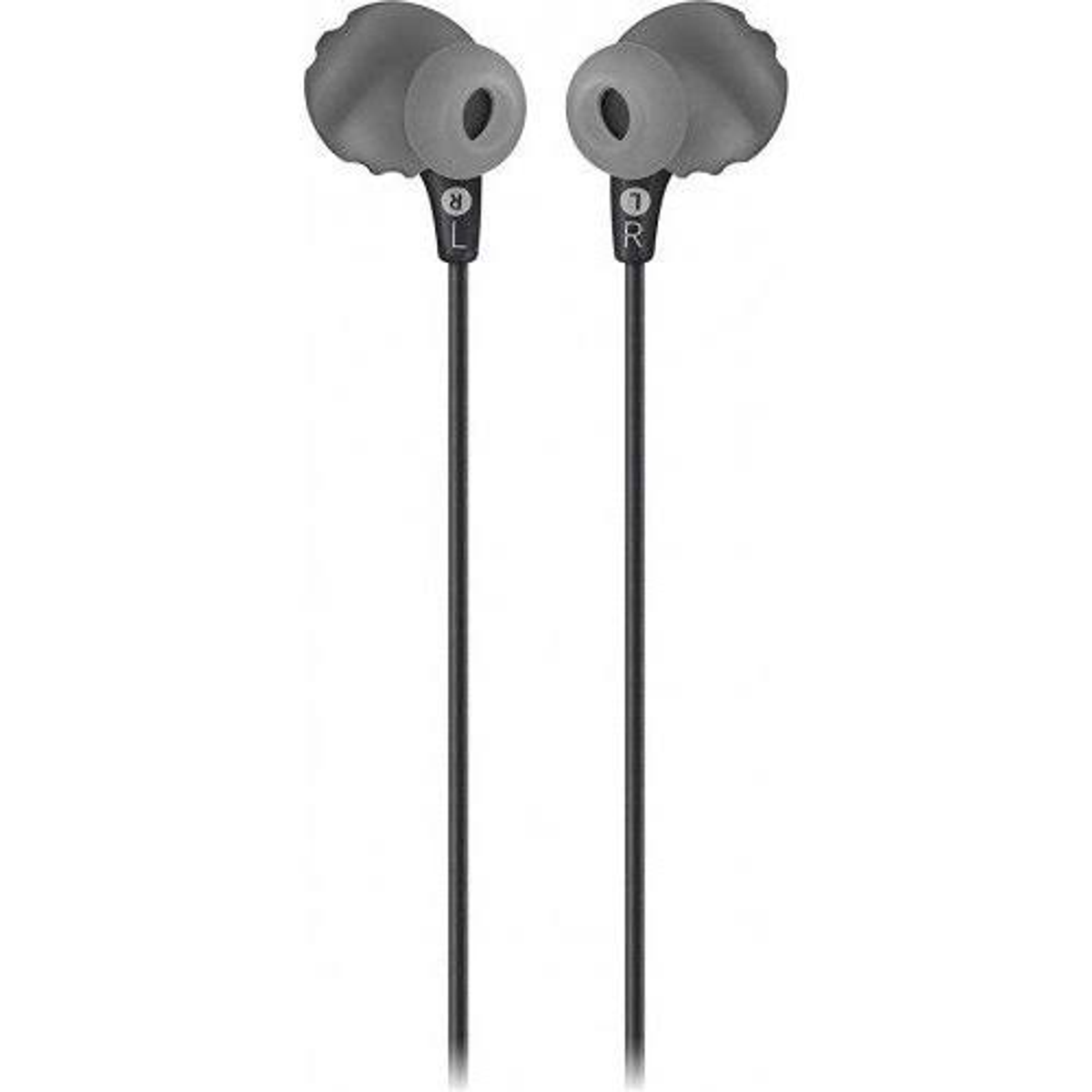 Auricolari grigi con cavi neri e marcature L/R.
