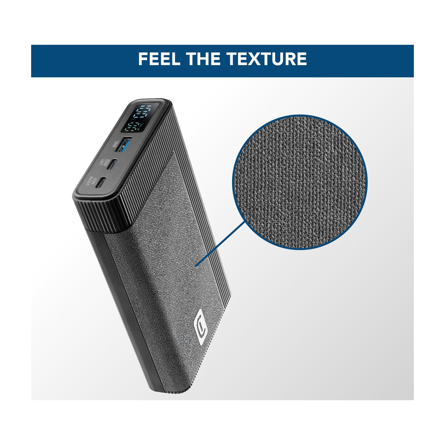 Power bank grigio con display digitale e vista ravvicinata della texture.