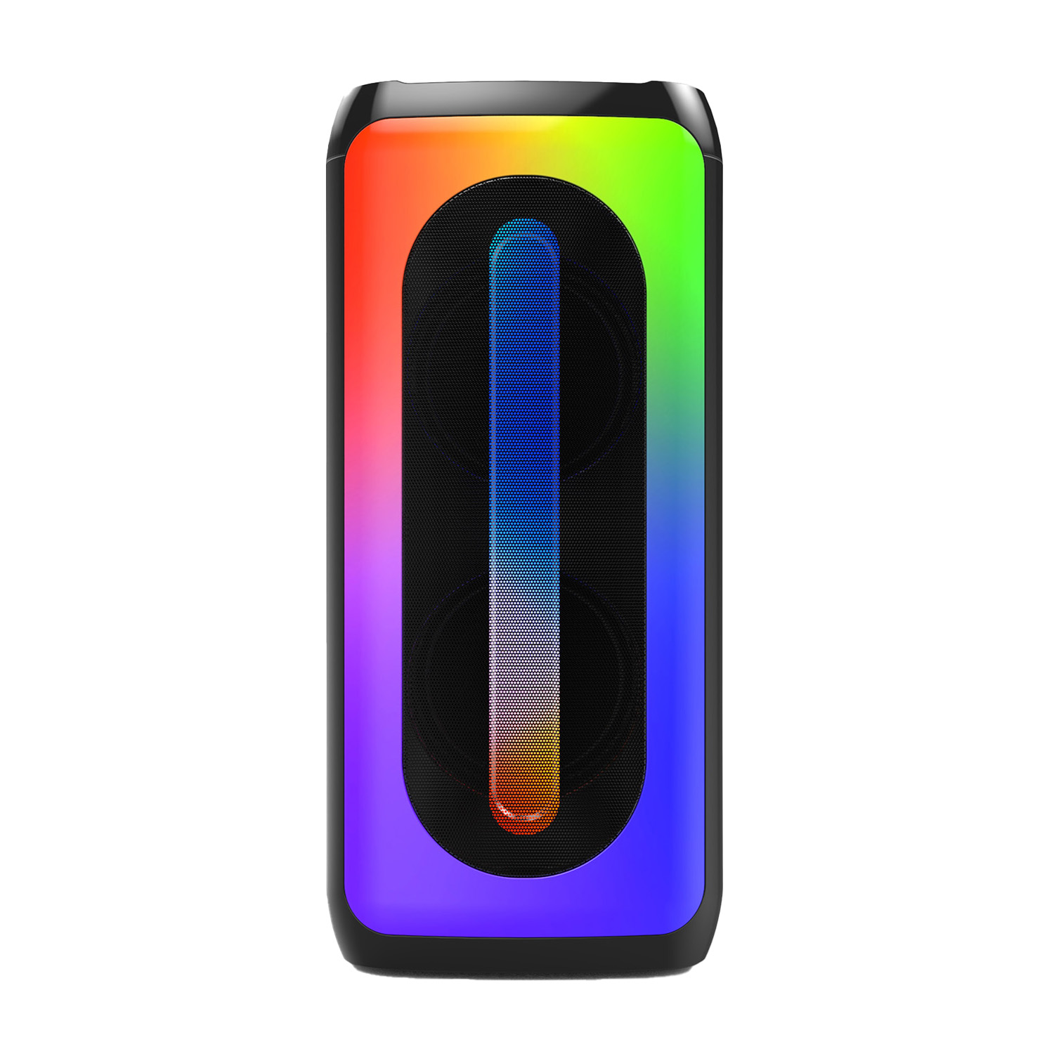 Czarny głośnik z podświetleniem RGB na krawędziach i pionowym paskiem.