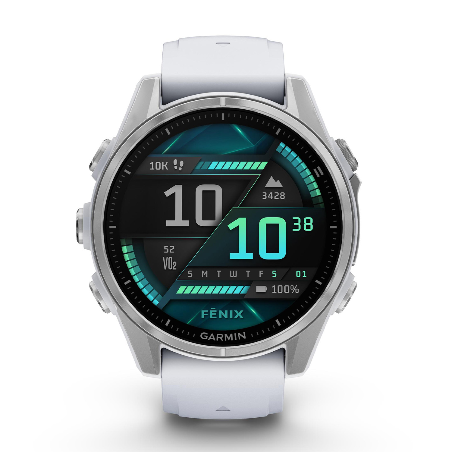 Weiße Smartwatch mit silbernem Gehäuse und digitalem Display.