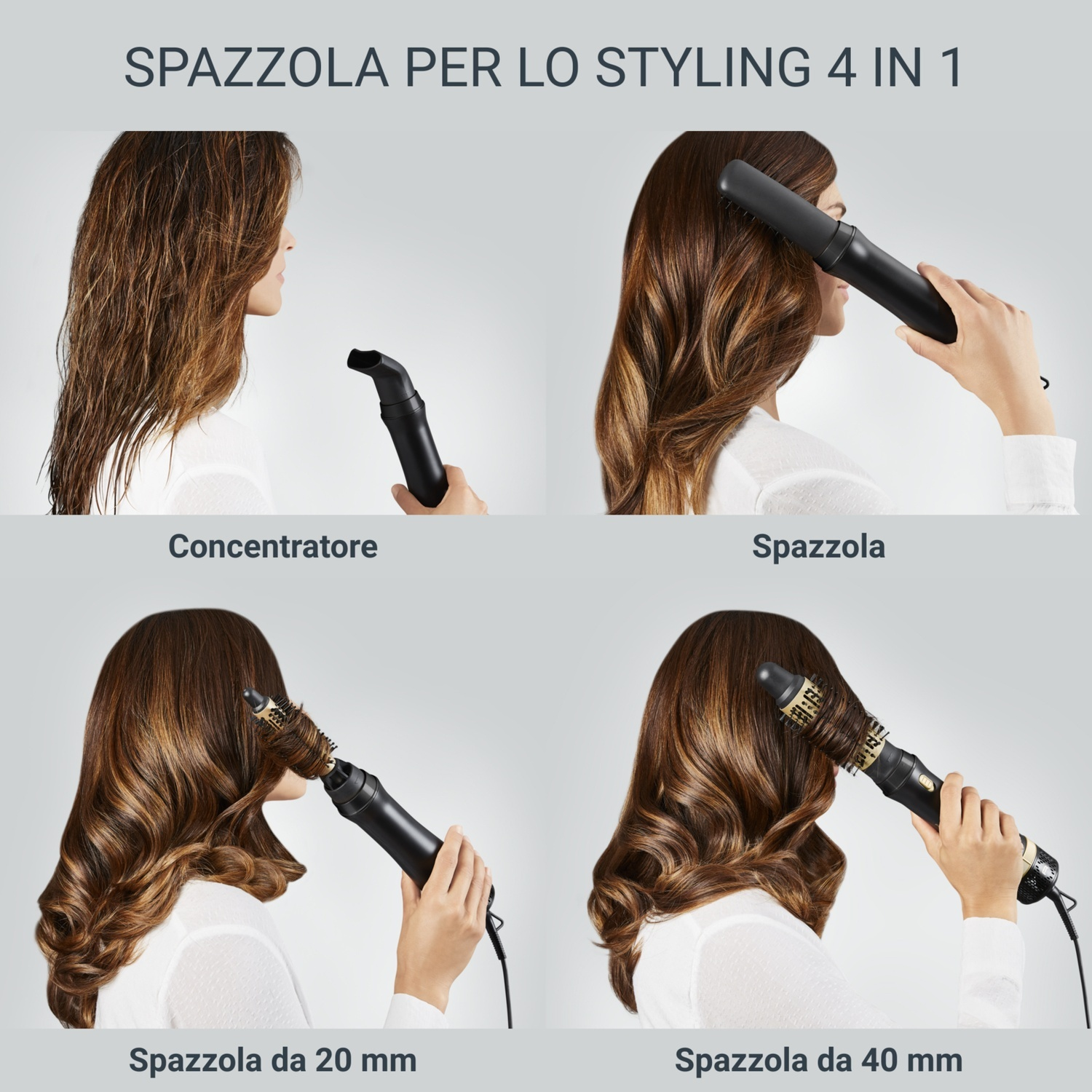 Vier Stylingaufsätze für Haare: Konzentrator, Bürste, 20mm & 40mm Bürste.