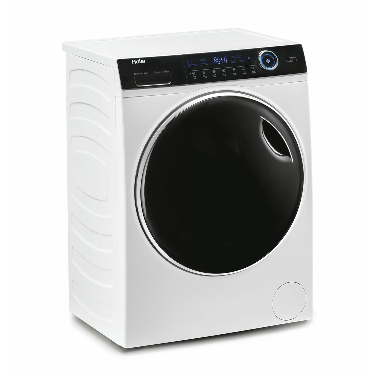 Lavatrice Haier bianca con oblò nero e display digitale.