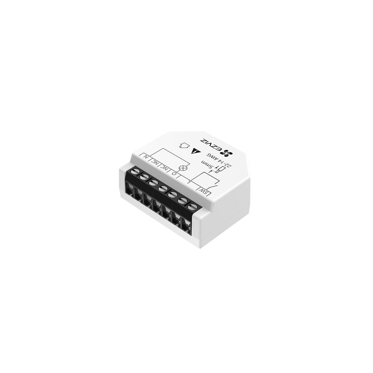 Un interruptor EZVIZ blanco con bloques de terminales para L, O/NC/NC/N y SW.