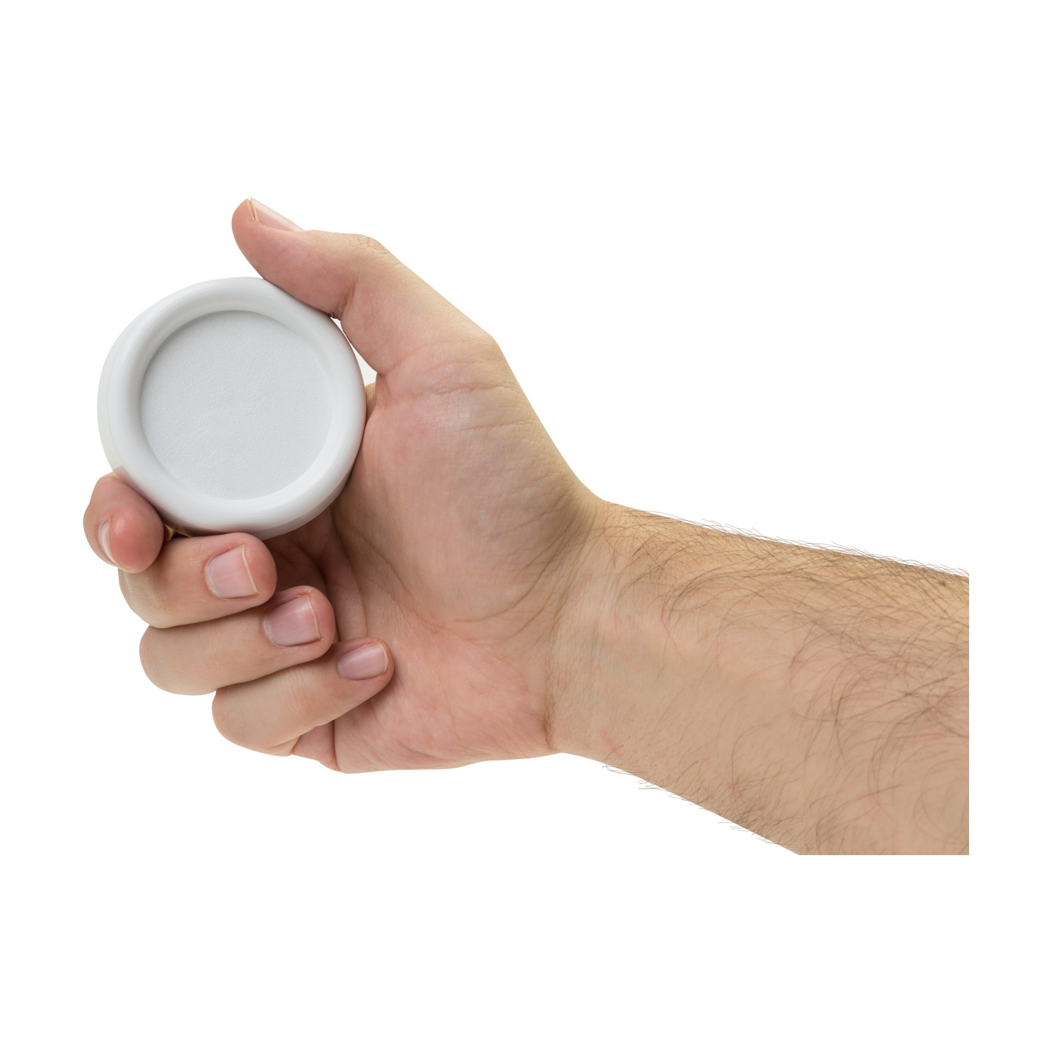 Eine Hand hält einen weißen, runden Behälter.