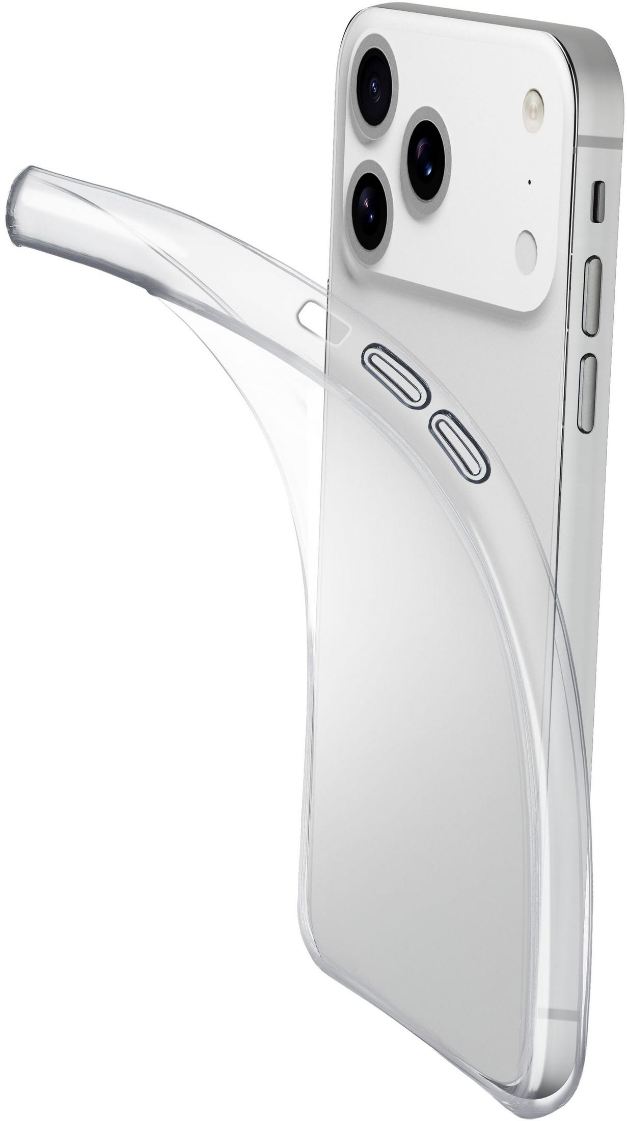 Una custodia trasparente per telefono è posizionata sul retro di uno smartphone bianco.