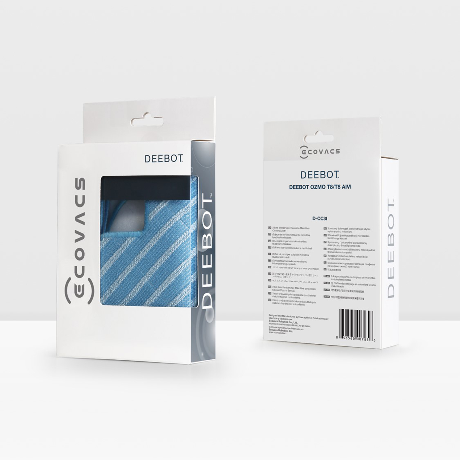 Zwei Ecovacs Deebot Verpackungen. Eine zeigt ein blau-weiß gestreiftes Mikrofasertuch.