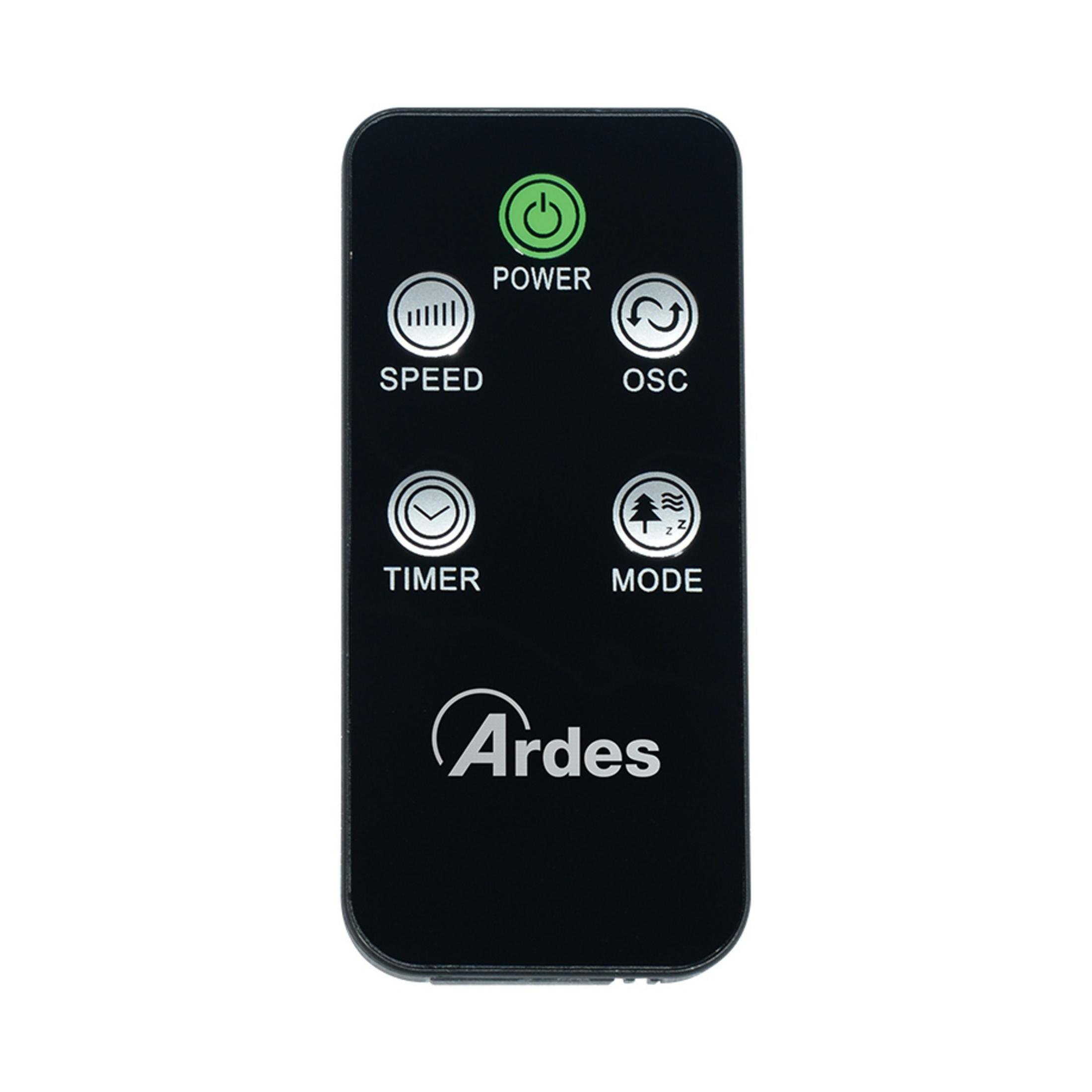Czarny pilot z przyciskami zasilania, prędkości, timera, oscylacji i trybu.