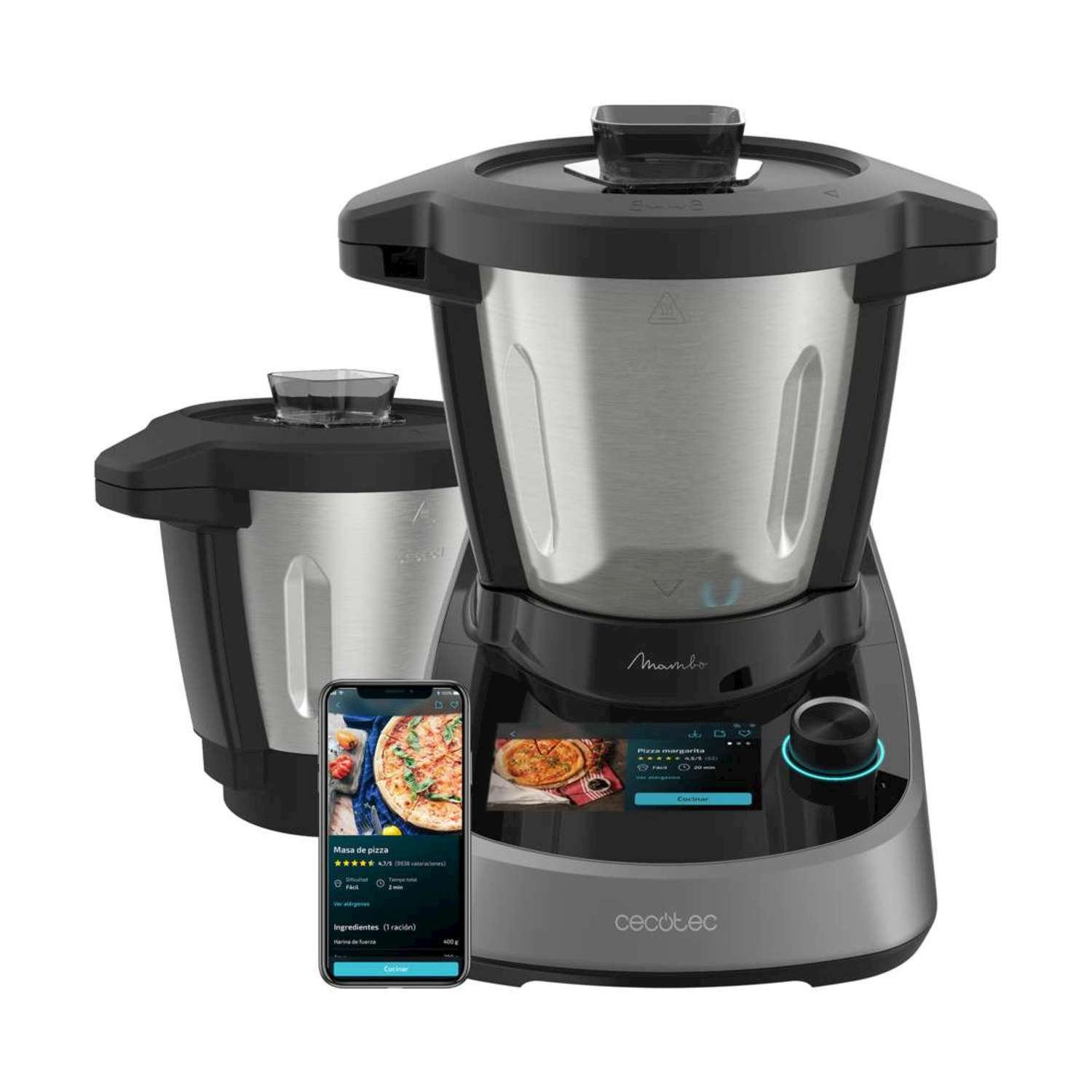 Urządzenie kuchenne ze smartfonem wyświetlającym przepis na pizzę.