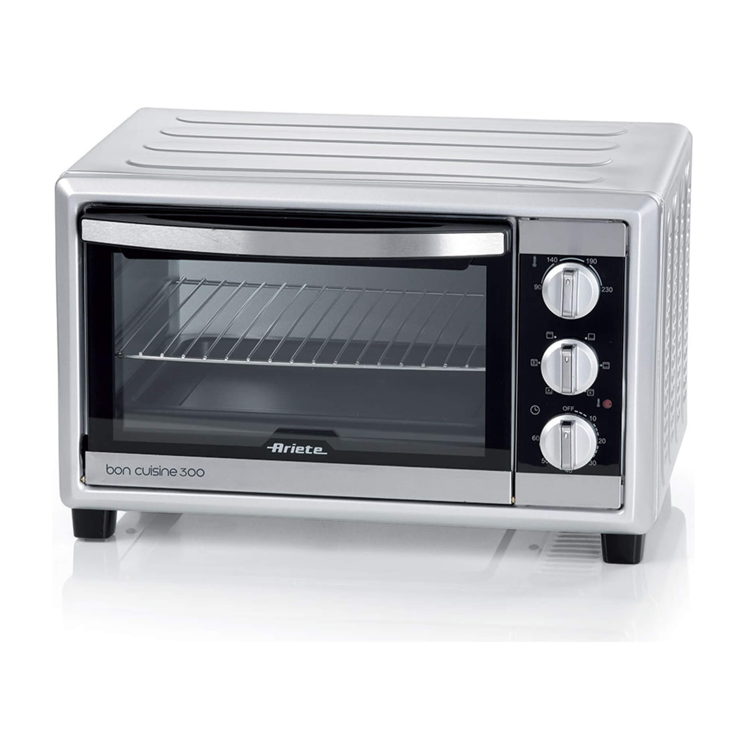 Srebrny piekarnik stołowy z szklanymi drzwiczkami, rusztem i trzema pokrętłami.