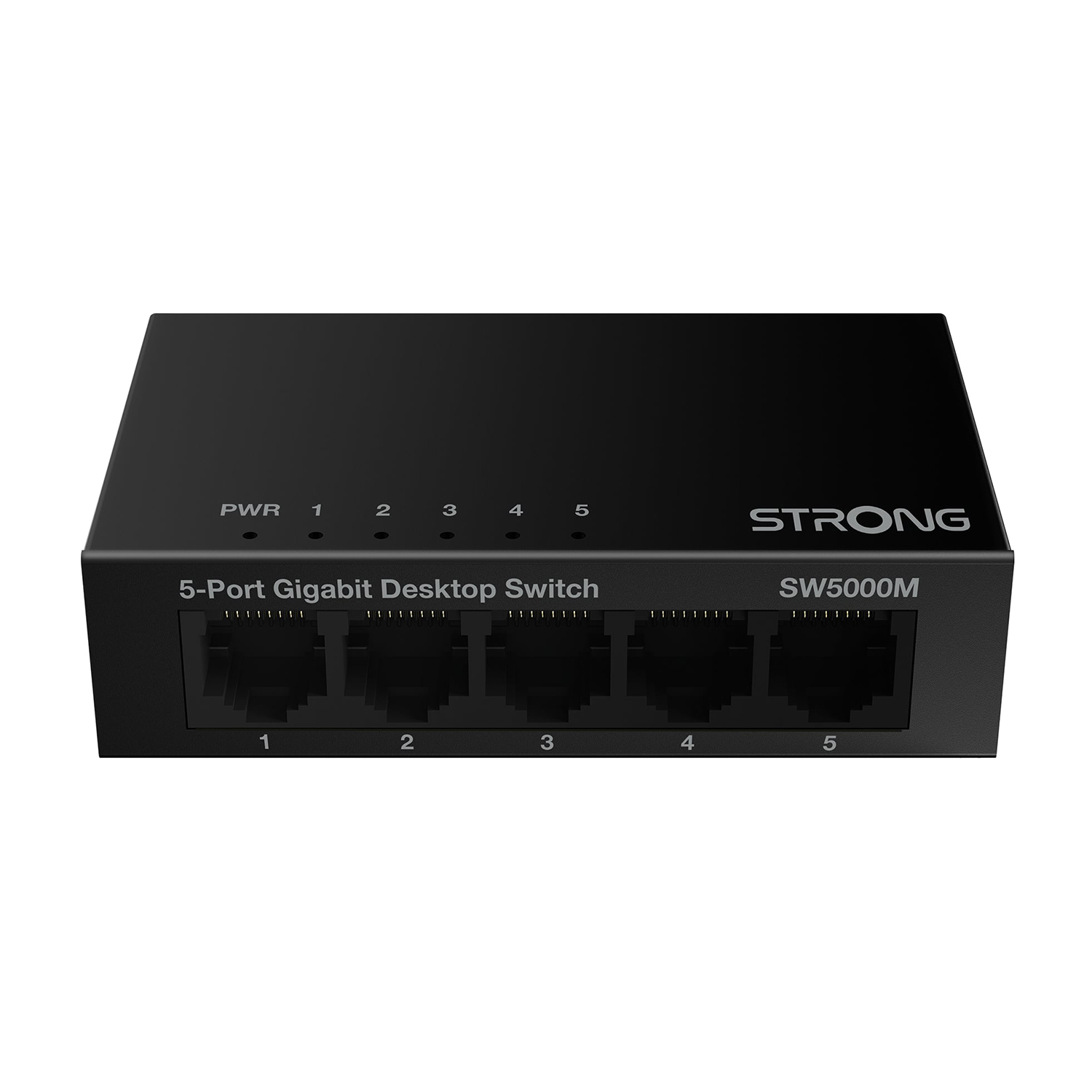 Zwarte 5-poorts Gigabit desktop switch met "STRONG" logo en genummerde poorten.